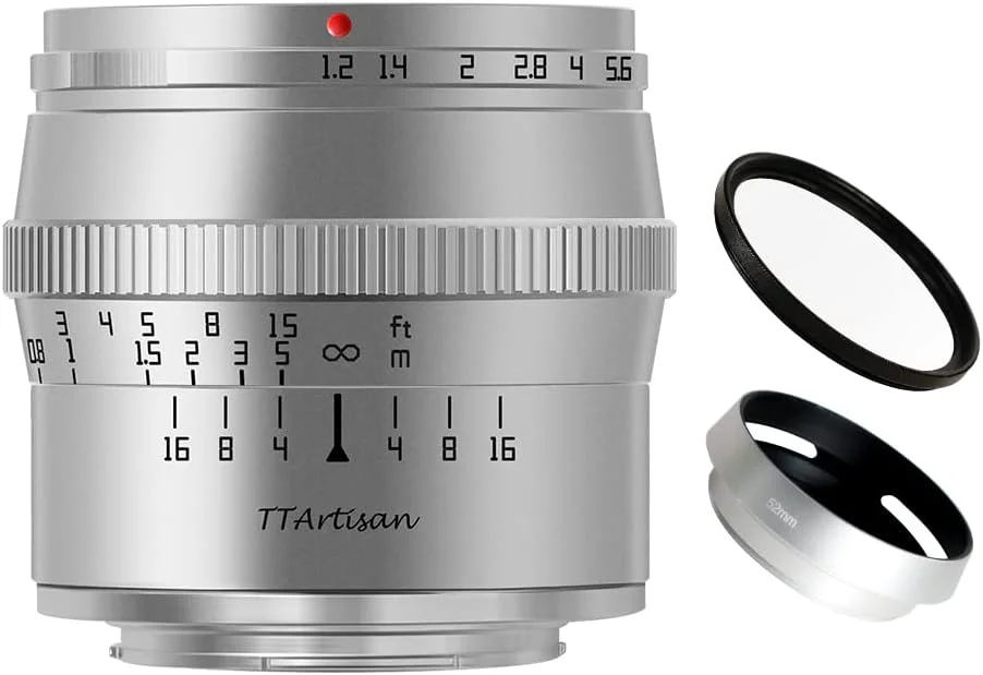 لنز 50mm F1.2 APS-C با فوکوس دستی و دیافراگم باز TTArtisan برای دوربین های فوجی فیلم Fujifilm X مانت نقره ای X-A10 X-A3 X-A5 X-H1 X-T2 X-T3 X-T10 X-T20 X-T100 X-PRO2 X-PRO3 X-E1 X-E2 X-E2S