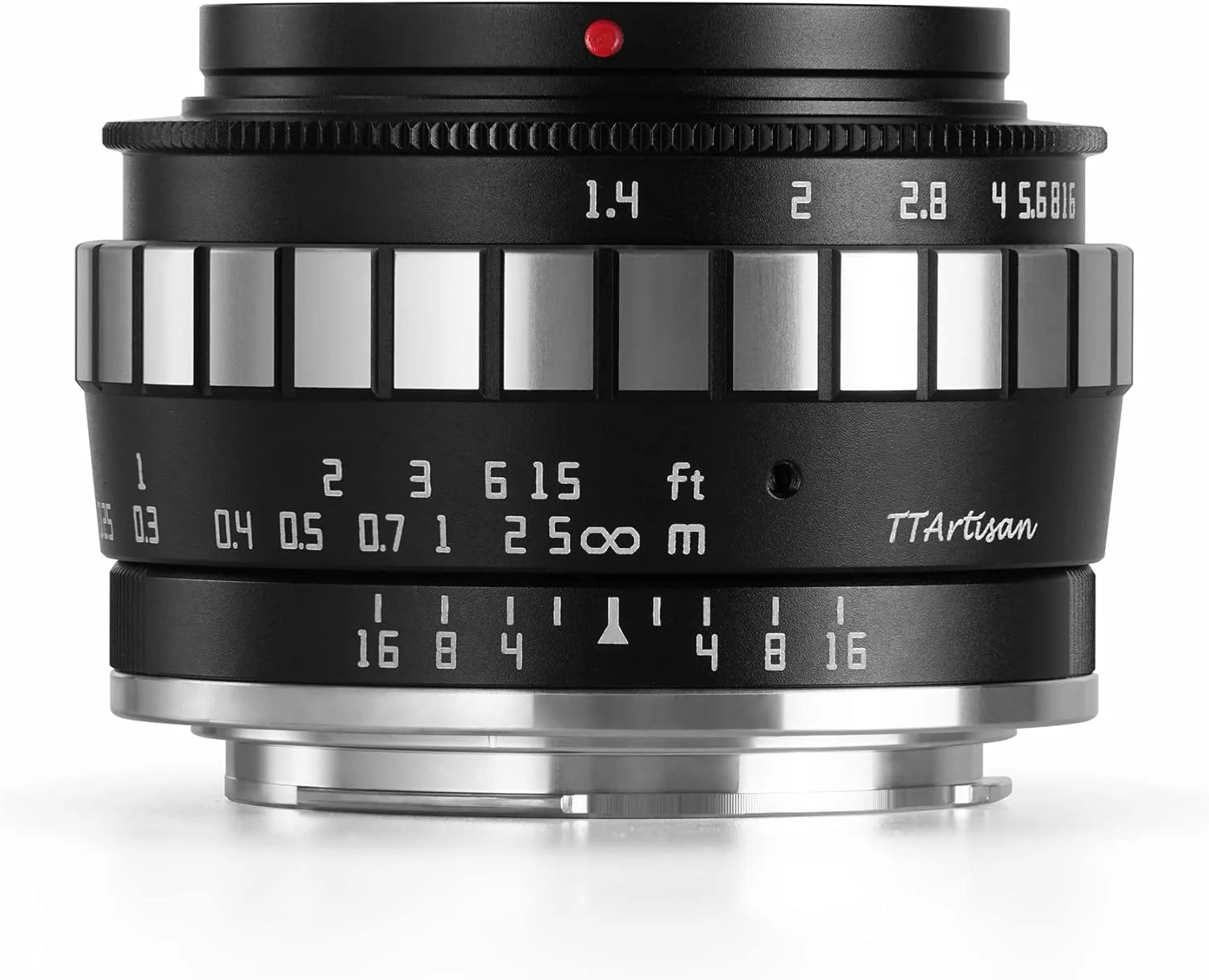 لنز پرایم 23mm F1.4 APS-C با فوکوس دستی تی‌تی‌آرتیسان برای دوربین‌های Sony E-Mount، مشکی و نقره‌ای