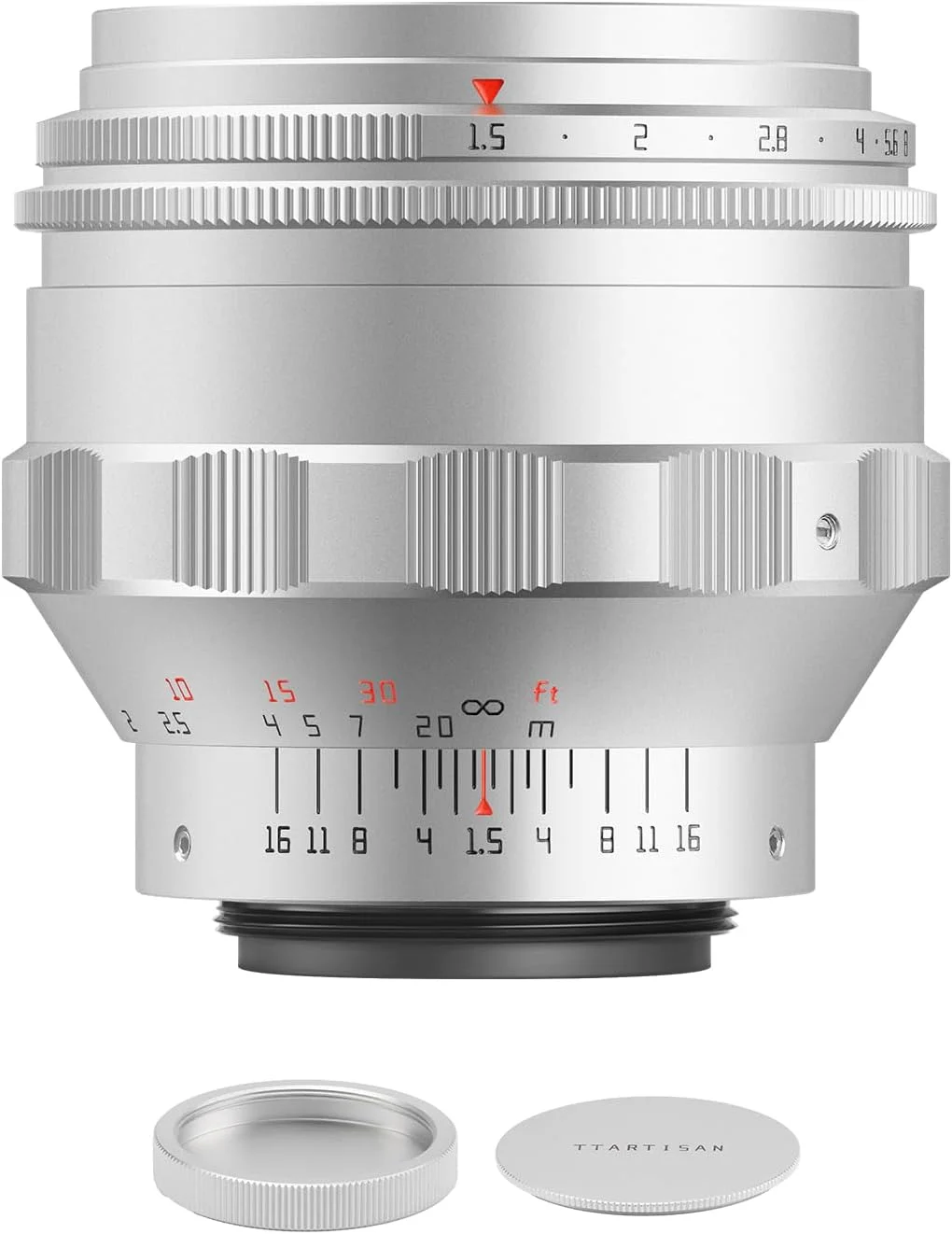 لنز 75mm F1.5 تی‌تی‌آرتیسان با مانت M42، بوکه چرخشی، فول فریم، فوکوس دستی، لنزهای پرایم برای دوربین‌های مانت پیچی قابل انتقال به تمام دوربین‌های بدون آینه و SLR (نقره‌ای)