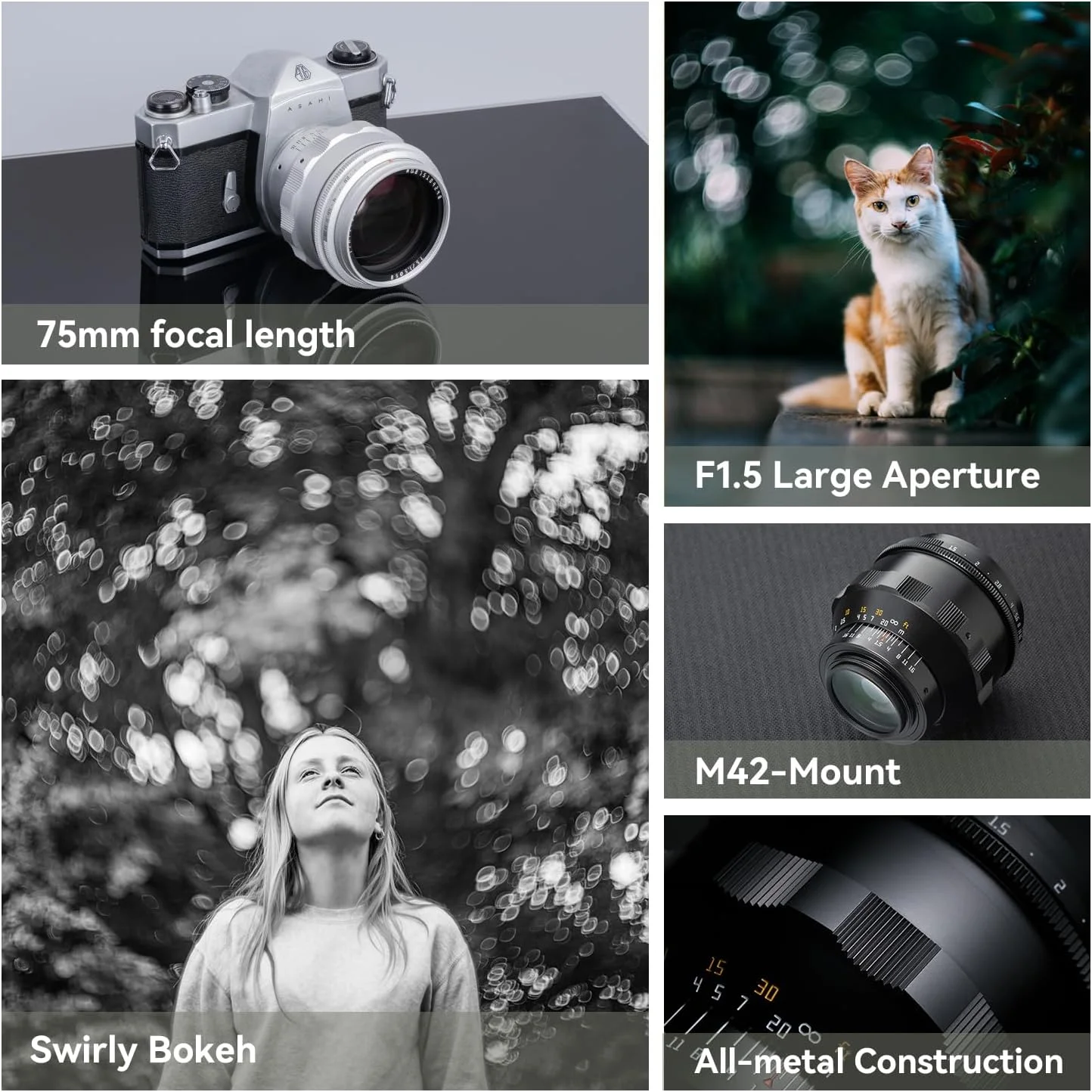 لنز 75mm F1.5 تی‌تی‌آرتیسان با مانت M42، بوکه چرخشی، فول فریم، فوکوس دستی، لنزهای پرایم برای دوربین‌های مانت پیچی قابل انتقال به تمام دوربین‌های بدون آینه و SLR (نقره‌ای)