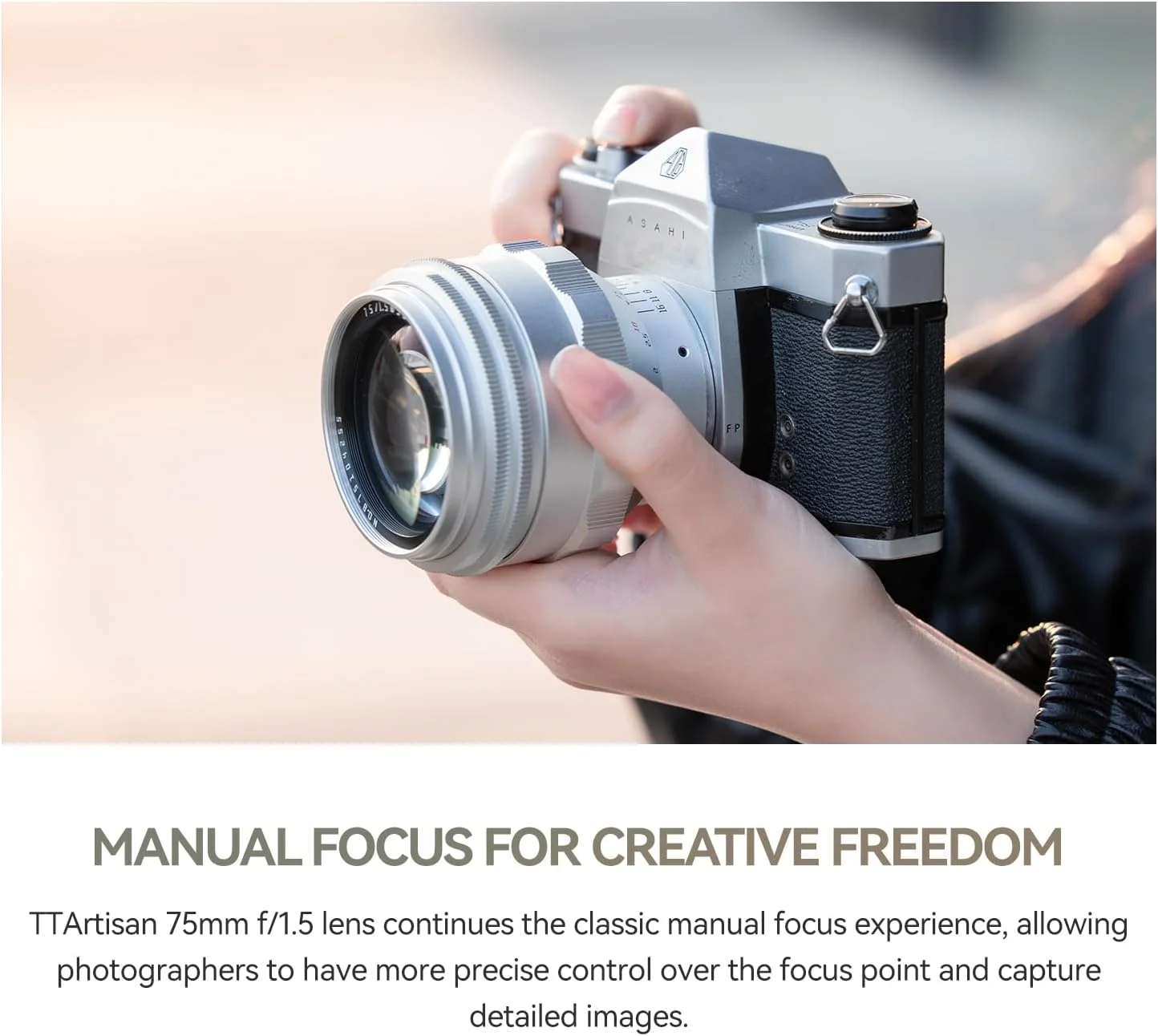 لنز 75mm F1.5 تی‌تی‌آرتیسان با مانت M42، بوکه چرخشی، فول فریم، فوکوس دستی، لنزهای پرایم برای دوربین‌های مانت پیچی قابل انتقال به تمام دوربین‌های بدون آینه و SLR (نقره‌ای)