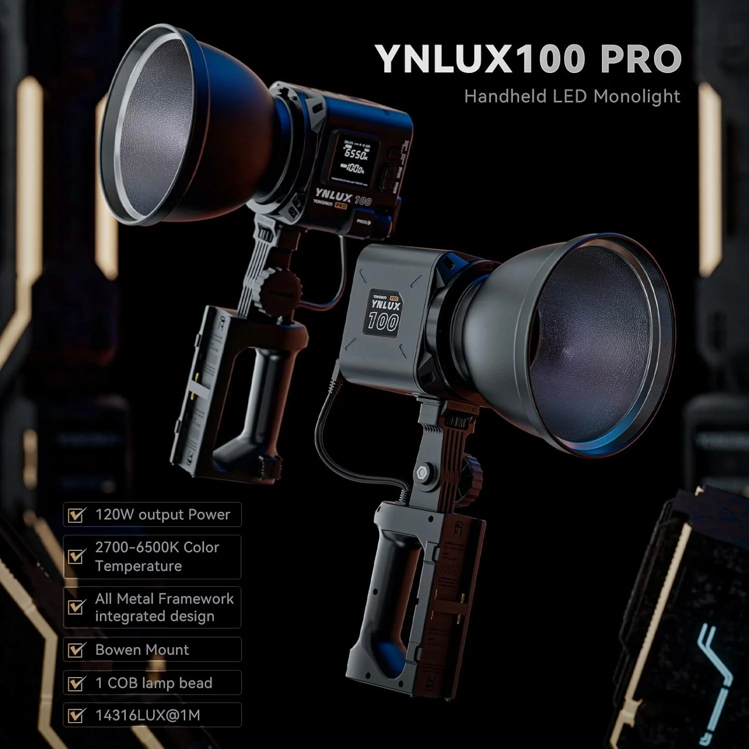 نور ثابت دستی Yongnuo YNLUX100 Pro، چراغ ویدئویی LED COB 120 واتی با مانت Bowens، دو رنگ 2700-6500K CRI95+ با کنترل از راه دور بی سیم، مناسب برای عکاسی پرتره، عروسی، فضای باز، ویدیوهای یوتیوب نور ثابت دستی Yongnuo YNLUX100 Pro، چراغ ویدئویی LED COB 120 واتی با مانت Bowens، دو رنگ 2700-6500K CRI95+ با کنترل از راه دور بی سیم، مناسب برای عکاسی پرتره، عروسی، فضای باز، ویدیوهای یوتیوب