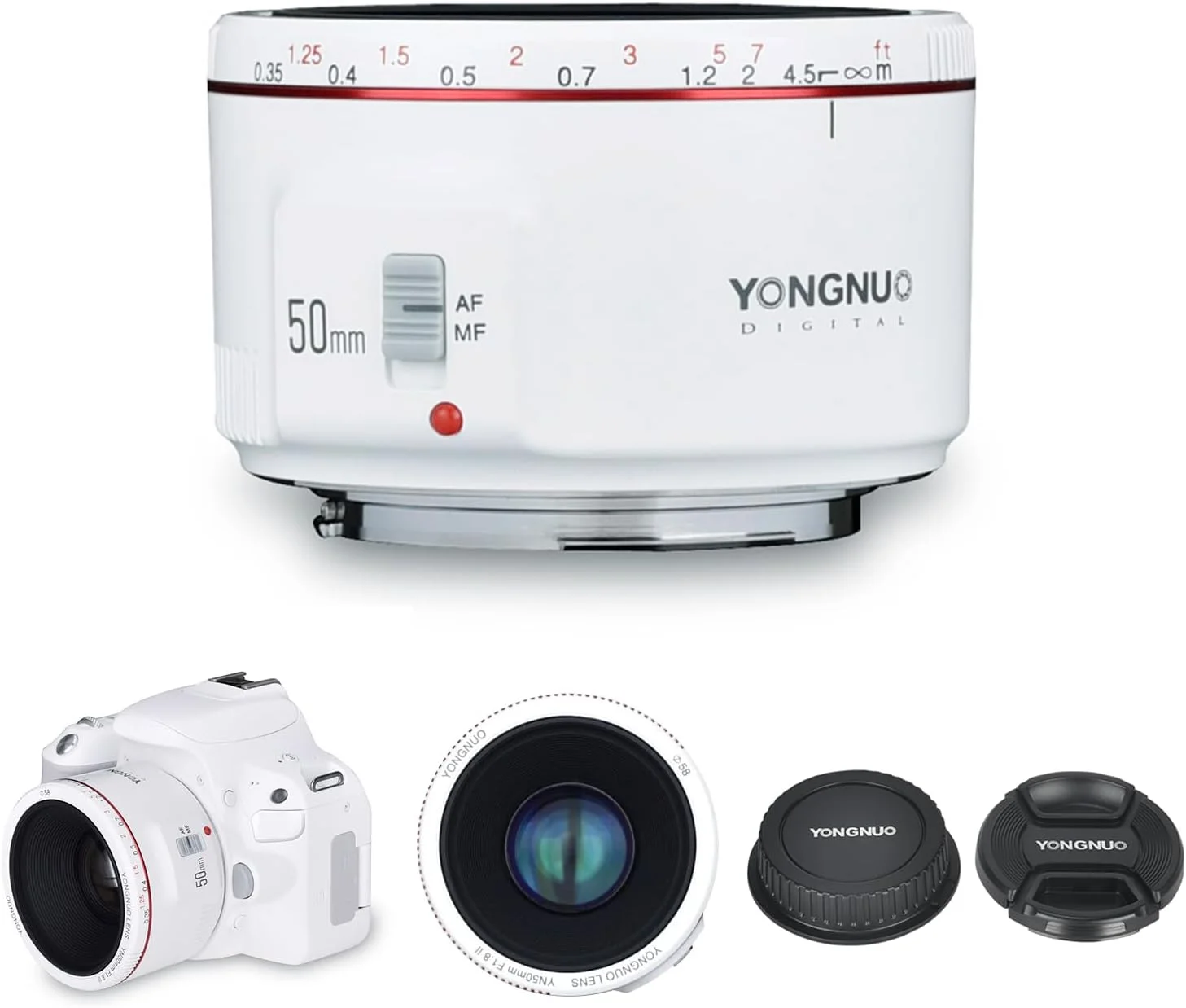 لنز YONGNUO YN50MM f1.8 II با مانت Canon EF، لنز 50mm f/1.8 با دیافراگم باز، فاصله کانونی 0.35 متری، لنز پرایم استاندارد برای Canon 5D IV 1DX I 200D II 850D 7D 6DII (سفید)