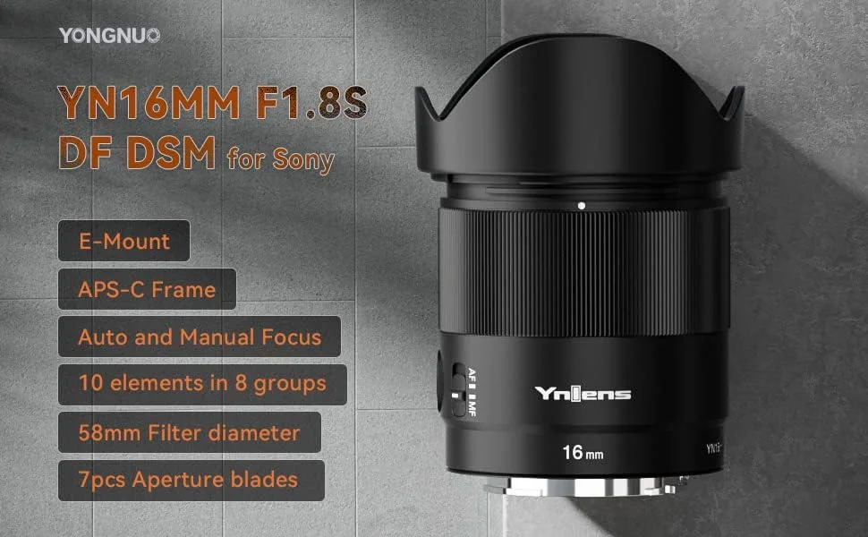 لنز واید انگل پرایم واید یونگنو YN16mm F1.8 DA DSM با فوکوس خودکار و دیافراگم بزرگ F1.8 برای دوربین های بدون آینه Sony E-Mount با سنسور APS-C لنز واید انگل پرایم واید یونگنو YN16mm F1.8 DA DSM با فوکوس خودکار و دیافراگم بزرگ F1.8 برای دوربین های بدون آینه Sony E-Mount با سنسور APS-C