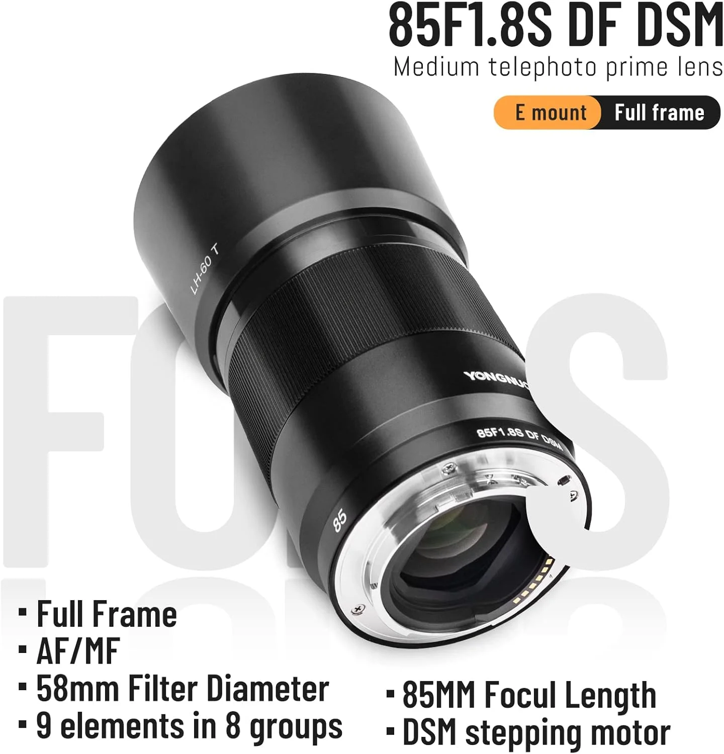 لنز پرایم تله فوتو متوسط یونگنو 85mm F1.8S DF DSM برای مانت Sony E، لنز پرتره فول فریم مشکی لنز پرایم تله فوتو متوسط یونگنو 85mm F1.8S DF DSM برای مانت Sony E، لنز پرتره فول فریم مشکی