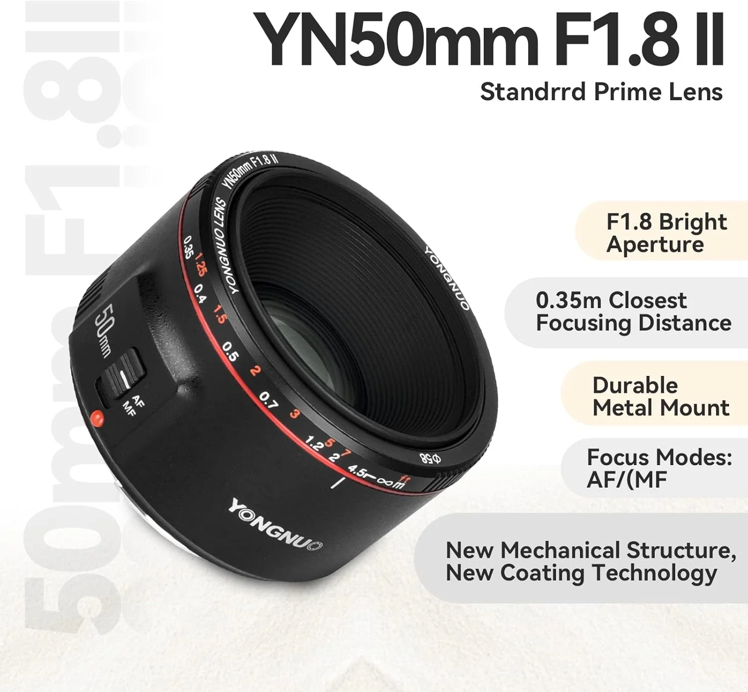 لنز استاندارد پرایم یونگنو YN50MM F1.8 II AF/MF با فاصله کانونی 0.35 متری مشکی برای دوربین های کانن 5D IV 1DX I 200D II 850D 7D 6DII لنز استاندارد پرایم یونگنو YN50MM F1.8 II AF/MF با فاصله کانونی 0.35 متری مشکی برای دوربین های کانن 5D IV 1DX I 200D II 850D 7D 6DII