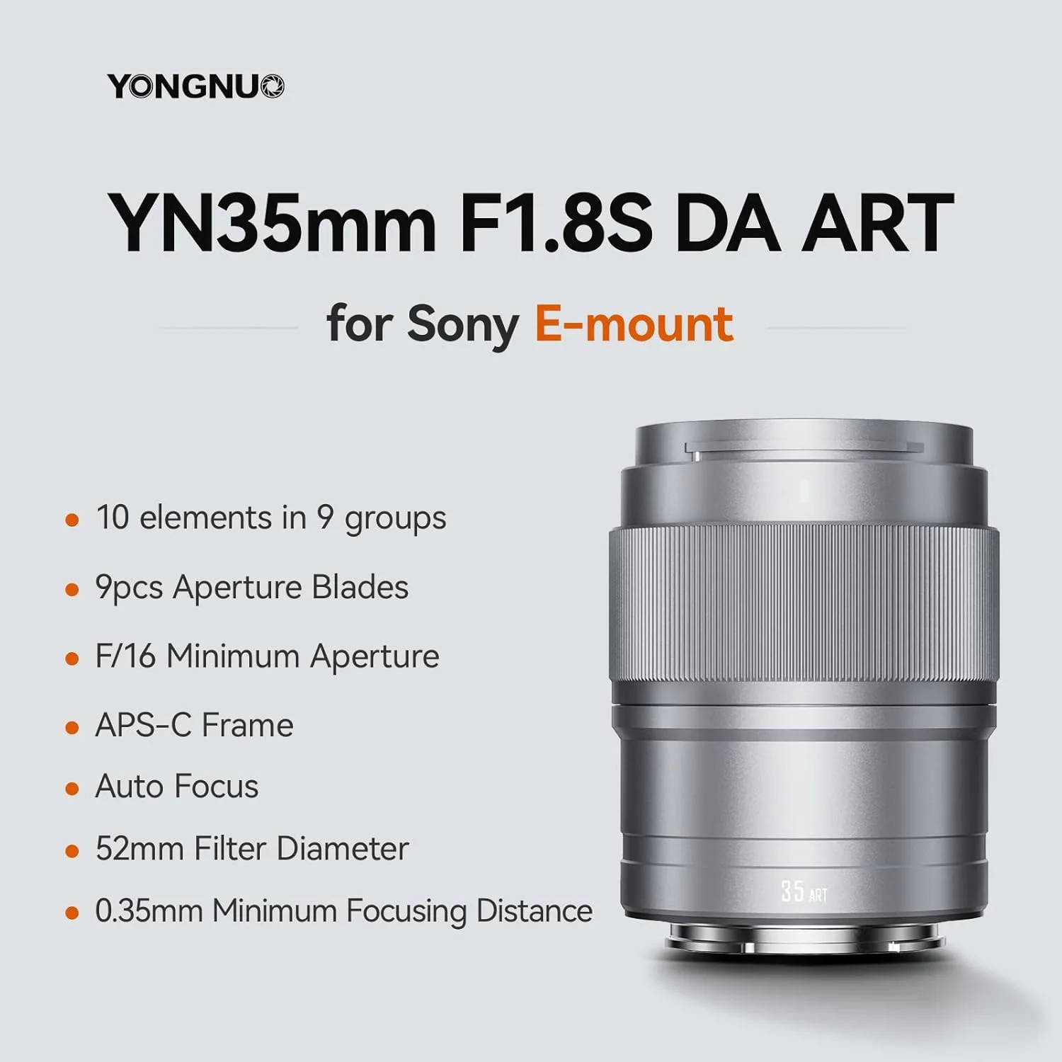 لنز 35 میلیمتری YONGNUO F1.8 DA Art با فوکوس خودکار برای مانت Sony E، لنز پرایم استاندارد APS-C Frame برای دوربینهای بدون آینه سونی (نقرهای) لنز 35 میلیمتری YONGNUO F1.8 DA Art با فوکوس خودکار برای مانت Sony E، لنز پرایم استاندارد APS-C Frame برای دوربینهای بدون آینه سونی (نقرهای)