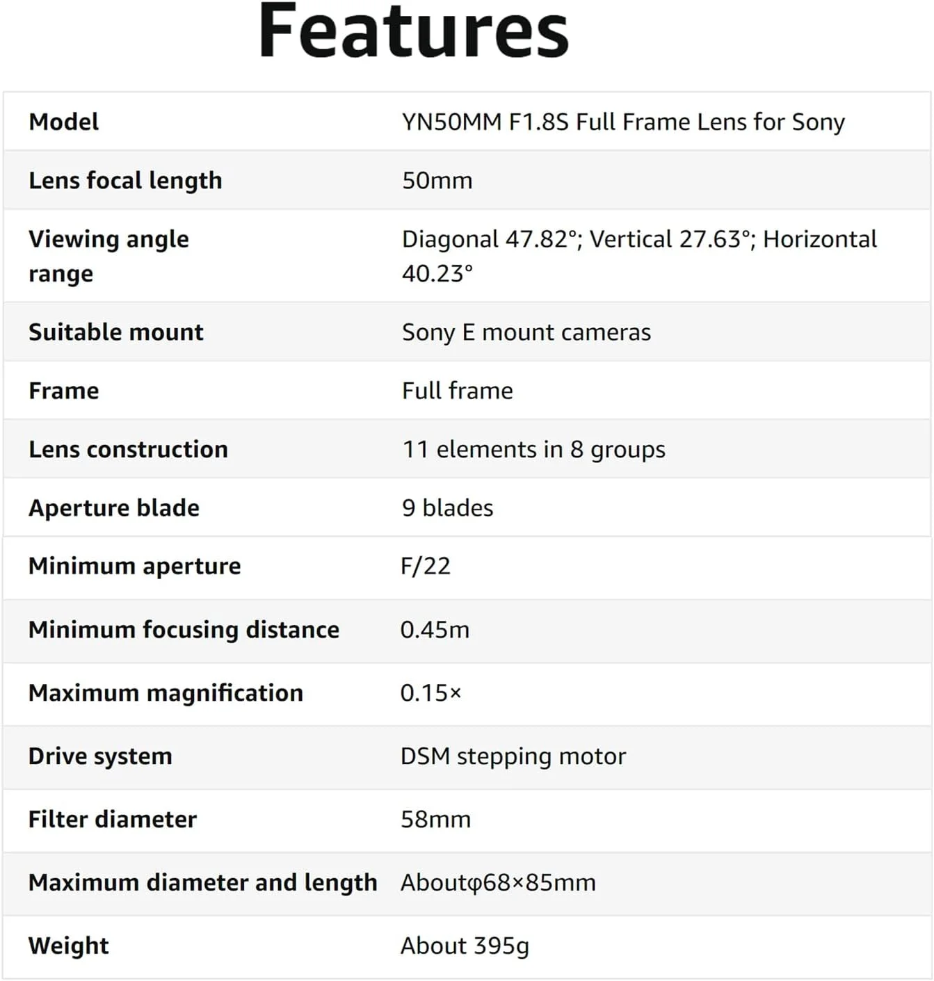 لنز یونگنو YN50MM F1.8S DF DSM برای سونی، لنز پرایم استاندارد فول فریم، فوکوس خودکار دیافراگم بزرگ F1.8 برای مانت E سونی