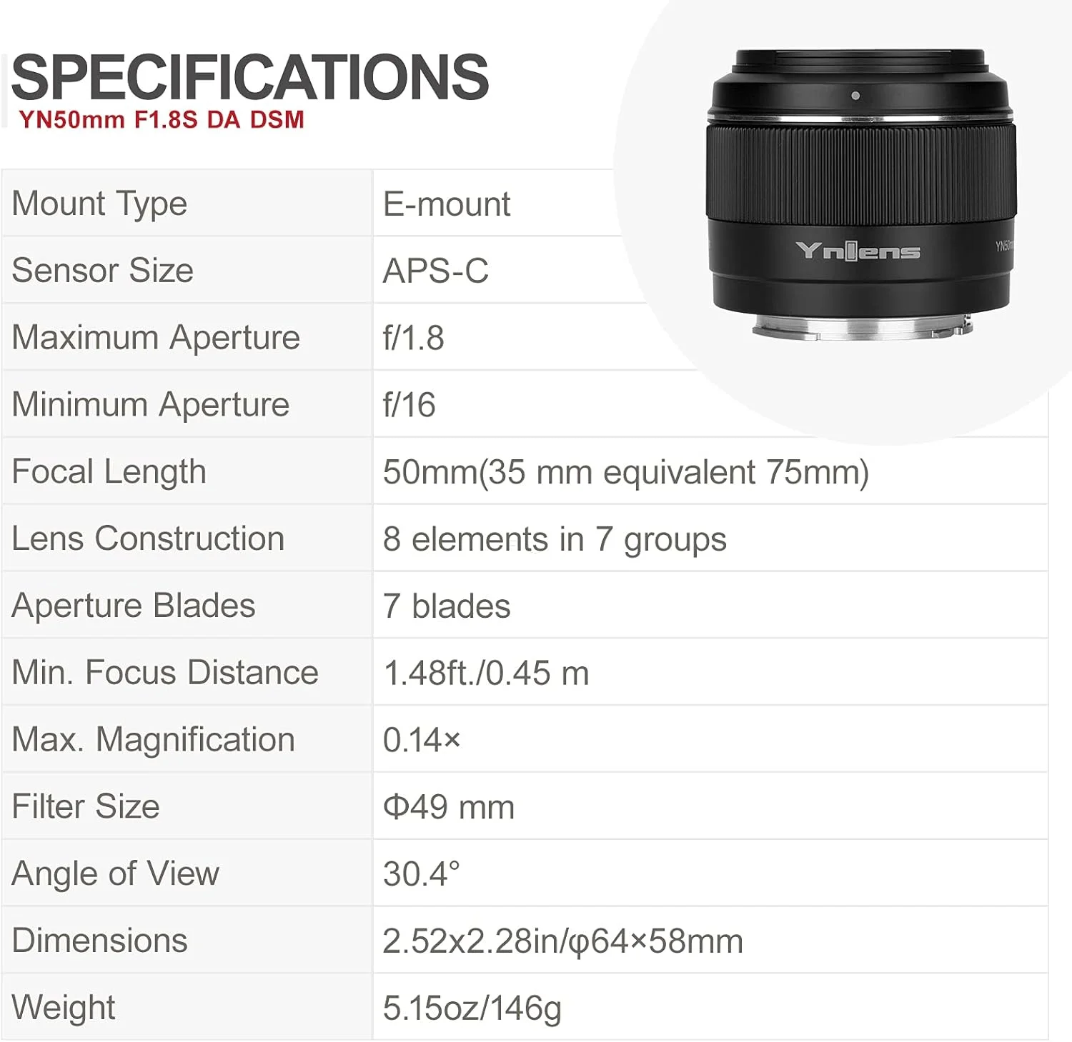 لنز پرایم 50mm F1.8S DA DSM APS-C YONGNUO برای دوربین های بدون آینه Sony E Mount - مشکی