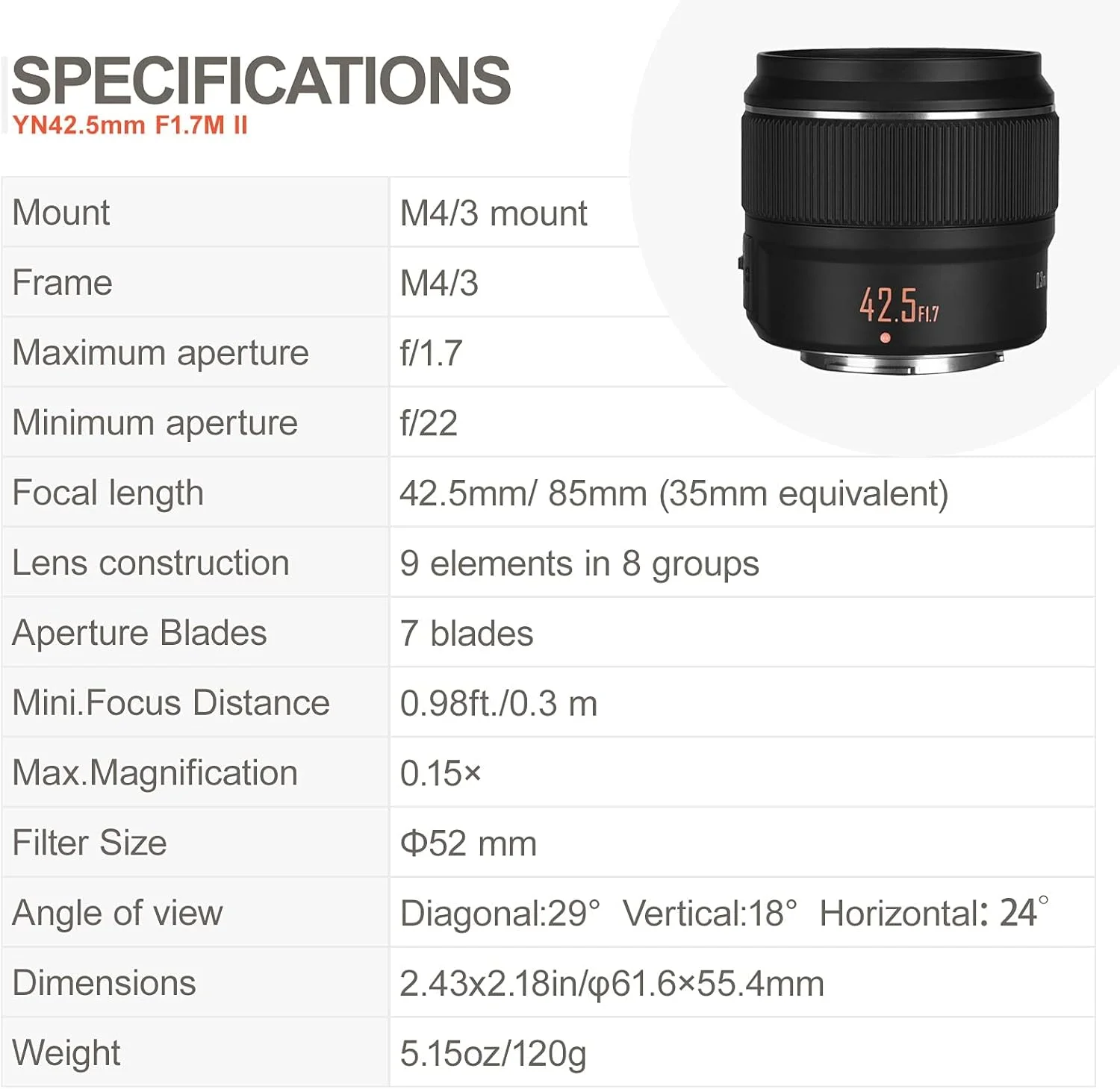 لنز پرایم ثابت 42.5 میلی‌متری YONGNUO YN42.5mm F1.7M II با فوکوس خودکار برای دوربین‌های میکرو چهار سوم - مشکی
