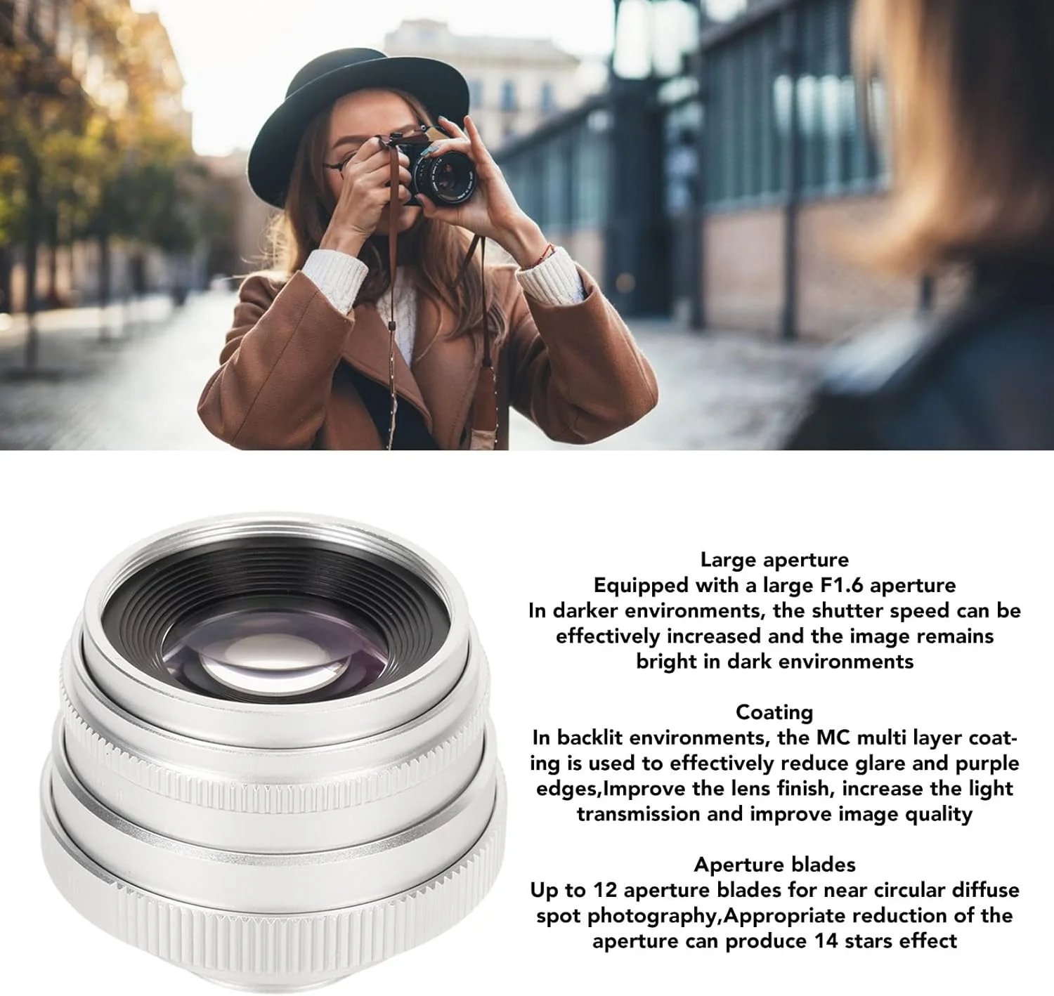 لنز پرایم فوکوس دستی، لنز پرایم 35 میلی‌متری نقره‌ای با دهانه باز F1.6 و مانت C، لنز بادوام با فوکوس ثابت برای دوربین‌های بدون آینه