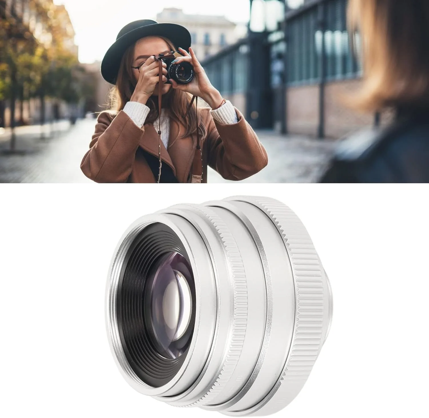 لنز پرایم فوکوس دستی، لنز پرایم 35 میلی‌متری نقره‌ای با دهانه باز F1.6 و مانت C، لنز بادوام با فوکوس ثابت برای دوربین‌های بدون آینه