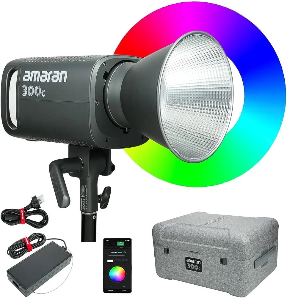 نور ویدئویی LED رنگی Aputure Amaran 300C RGBWW HSI با توان 300 وات، دمای رنگی CCT از 2500K تا 7500K، مانت بوئنز، منبع تغذیه AC، کنترل از طریق اپلیکیشن برای عکاسی و فیلمسازی