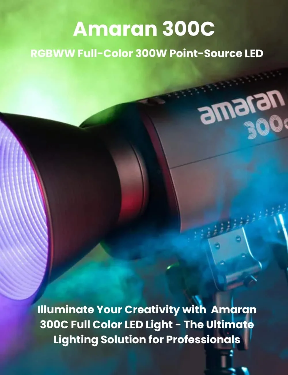 نور ویدئویی LED رنگی Aputure Amaran 300C RGBWW HSI با توان 300 وات، دمای رنگی CCT از 2500K تا 7500K، مانت بوئنز، منبع تغذیه AC، کنترل از طریق اپلیکیشن برای عکاسی و فیلمسازی