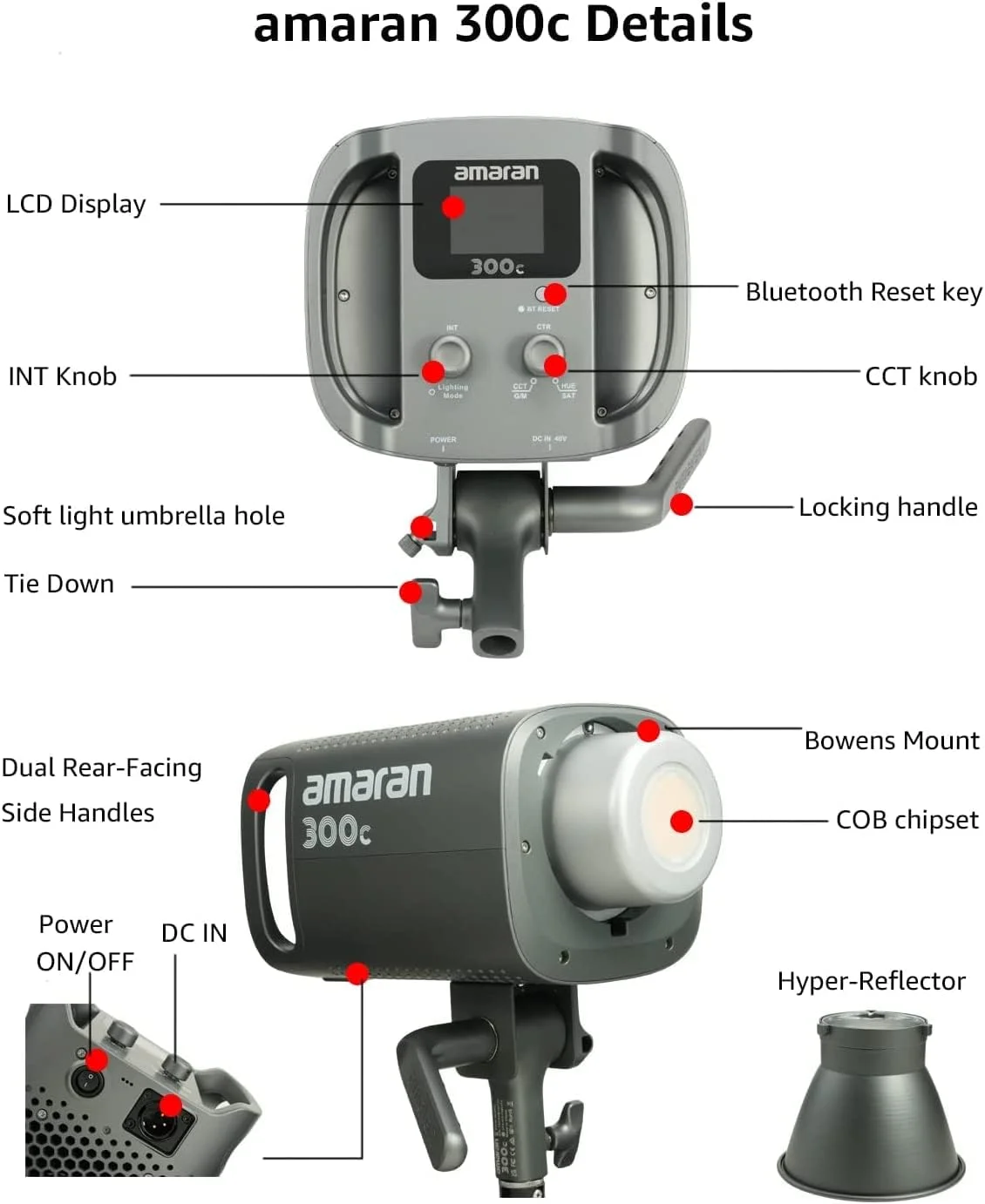 نور ویدئویی تمام رنگی 300 وات Aputure Amaran 300c RGBWW با مانت بوئنز، منبع نوری LED و CCT از 2500K تا 7500K با تنظیم GSM، منبع تغذیه DC/AC و فن بی صدا