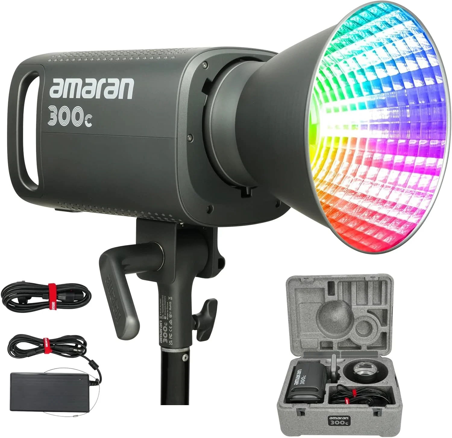 نور ویدئویی COB رنگی Aputure Amaran 300c RGBWW 300W با مانت بوئن، 26,580 لوکس در 1 متر با هایپر رفلکتور، CCT از 2,500K تا 7,500K با تنظیم G/M، کنترل APP (خاکستری)