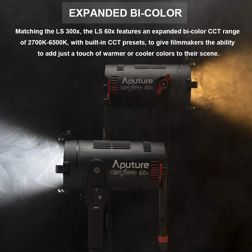 نور ویدئویی ال ای دی دو رنگ آپچر LS 60X 60W با قابلیت تنظیم 2700-6500K، CRI 95+ TLCI 95+ 30000lux @1m، پشتیبانی از کنترل برنامه Sidus، دارای 9 جلوه نوری داخلی به همراه درهای کرکره‌ای