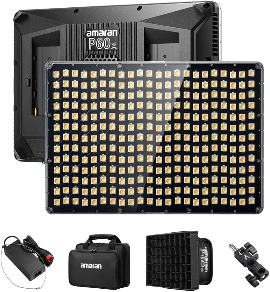 نور ویدئویی پنلی LED دو رنگ Aputure Amaran P60x با خروجی 60 وات، 5070+ لوکس، CRI 95+، TLCI 97+، دمای رنگ 3200K~6500K، کنترل برنامه و 4 جلوه نورپردازی داخلی، سافت باکس، کیف حمل