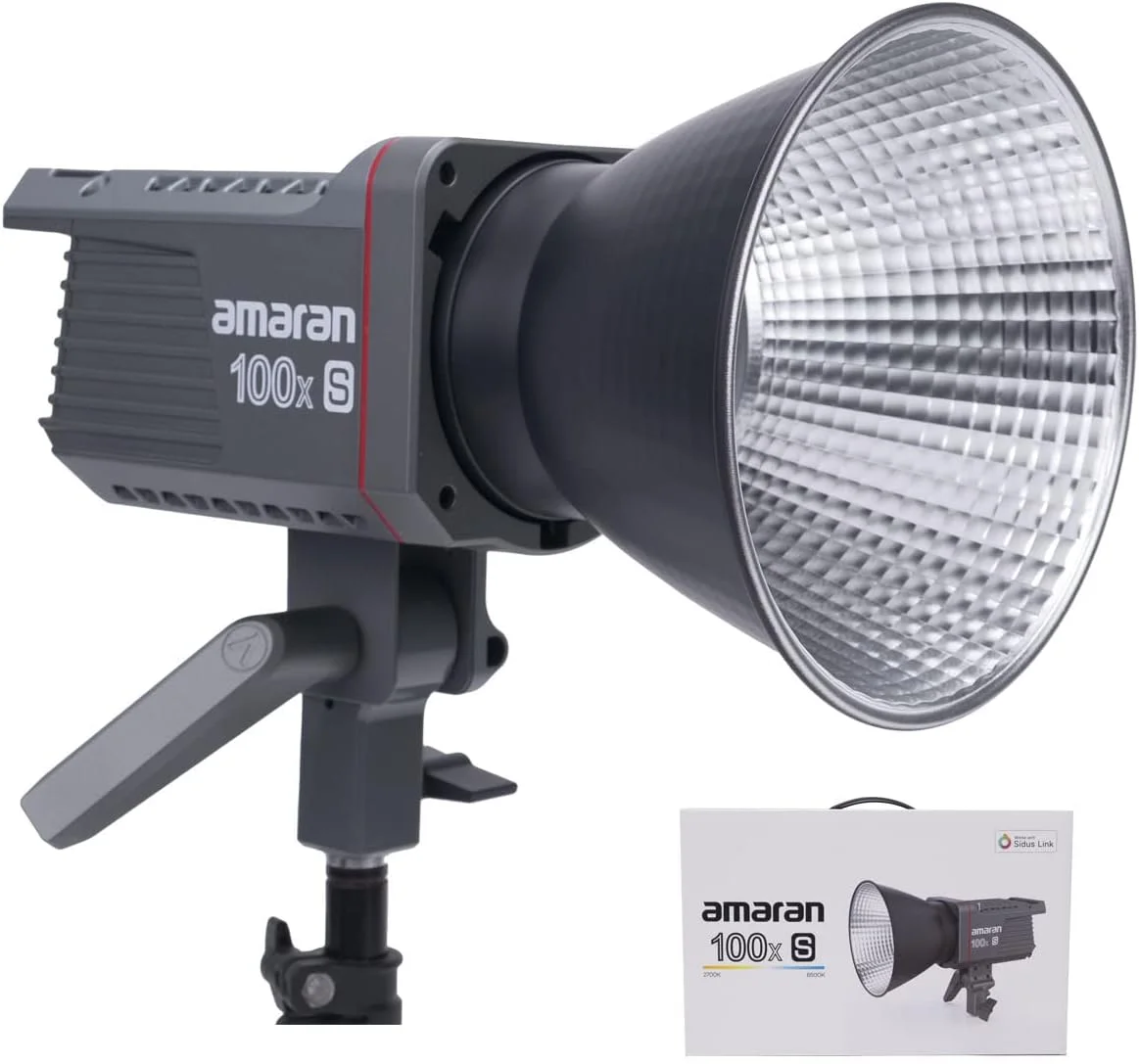نور ویدئویی LED بای کالر Aputure amaran 100x S با مانت بوئنز، خروجی 100 وات 2700-6500k 30,500lux@1m، کنترل برنامه بلوتوث، 9 جلوه نوری داخلی، منبع تغذیه DC/AC و فن فوق العاده بی صدا