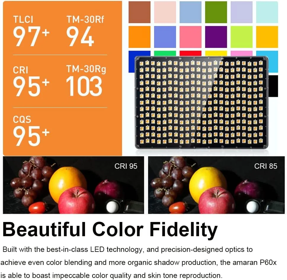 نور ویدئویی پنلی LED دو رنگ Aputure Amaran P60x با خروجی 60 وات، 5070+ لوکس، CRI 95+، TLCI 97+، دمای رنگ 3200K~6500K، کنترل برنامه و 4 جلوه نورپردازی داخلی، سافت باکس، کیف حمل