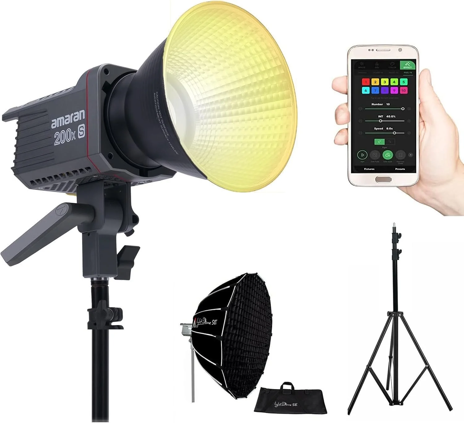 نور ویدئویی ال ای دی دو رنگ Aputure Amaran 200x S 200xs 200x-s 200w به همراه سافت باکس Light Dome SE و کیت پایه نور آلومینیومی 2.6 متری برای فیلمسازی، استودیو و عکاسی پرتره