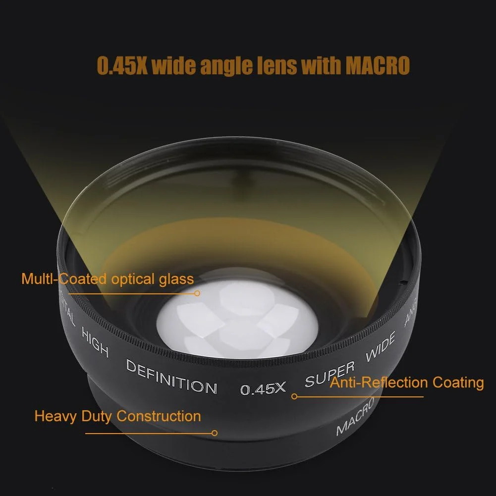 کیت لنز زاویه باز 52 میلی‌متری 0.45x به همراه لنز ماکرو، لنز تبدیل جهانی زاویه باز ماکرو 52 میلی‌متری 0.45X برای دوربین‌های کنون، نیکون و سونی