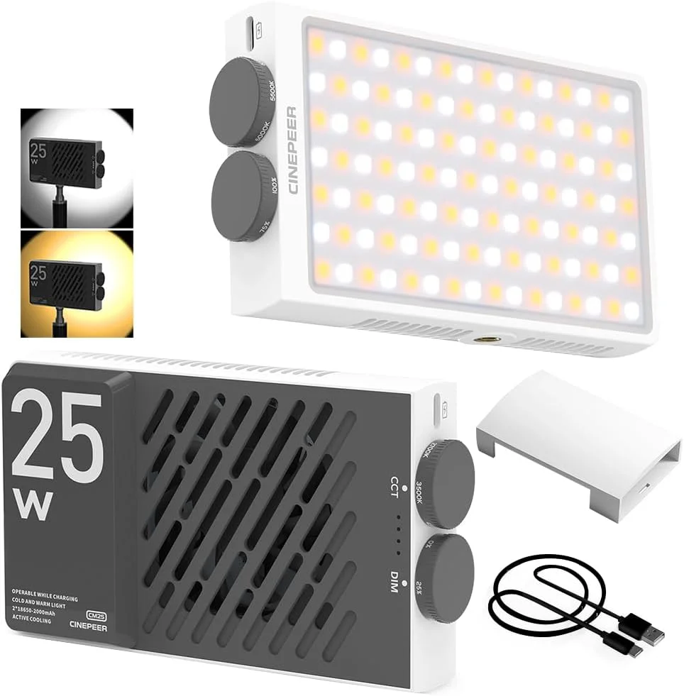 نور ویدئویی ال ای دی 25 واتی ZHIYUN Cinepeer CM25، نور قابل حمل 25 واتی دوربین، با قابلیت تنظیم نور 2700-6200K، پنل ال ای دی 232 گرمی مناسب نورپردازی عکاسی DSLR با باتری های قابل شارژ داخلی 2 عدد 2000 میلی آمپری
