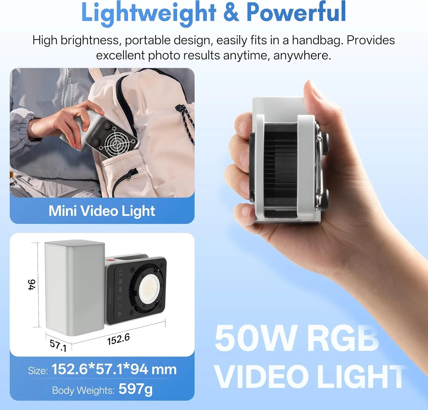 نور ویدئویی RGB زیون CINEPEER CX50 RGB [اورجینال] نور ویدئویی LED دستی کوچک 50 واتی با باتری 4500 میلی آمپر ساعتی Type-C PD با شارژ سریع، کنترل برنامه، نور دوربین قابل حمل با 2700K-6500K/CRI≈95/TLCI≈96