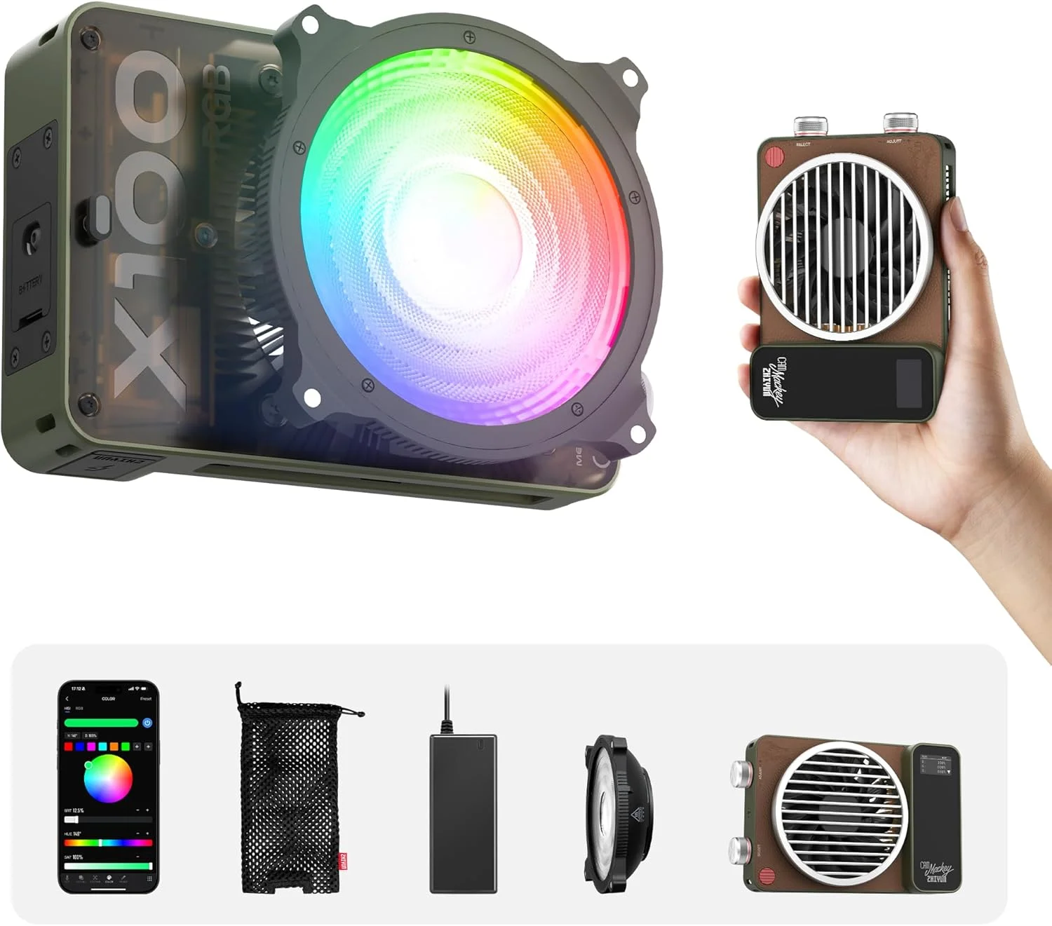 نور ویدئویی ۱۰۰ وات ZHIYUN MOLUS X100 RGB استاندارد [رسمی] نسخه ارتقا یافته V2، نور حرفه ای عکاسی، نورپردازی خروجی مداوم قابل حمل ۲۵۰۰K~۱۰۰۰۰K CRI≥۹۵ TLCI≥۹۷ فقط ۳۸۴ گرم برای یوتیوبر