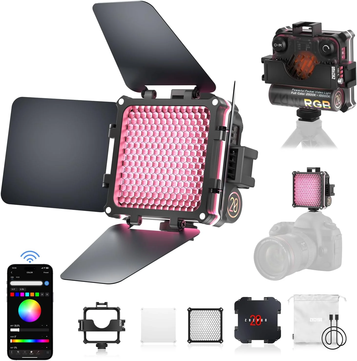 نور ویدئویی RGB مدل ZHIYUN FIVERAY M20C Combo [اورجینال]، نور قابل حمل 20 واتی دوربین، حالت HSI، TLCI 96+، دمای 2500K-10000K با 16 جلوه نوری، پشتیبانی از اتصال مغناطیسی و برنامه با USB-C PD