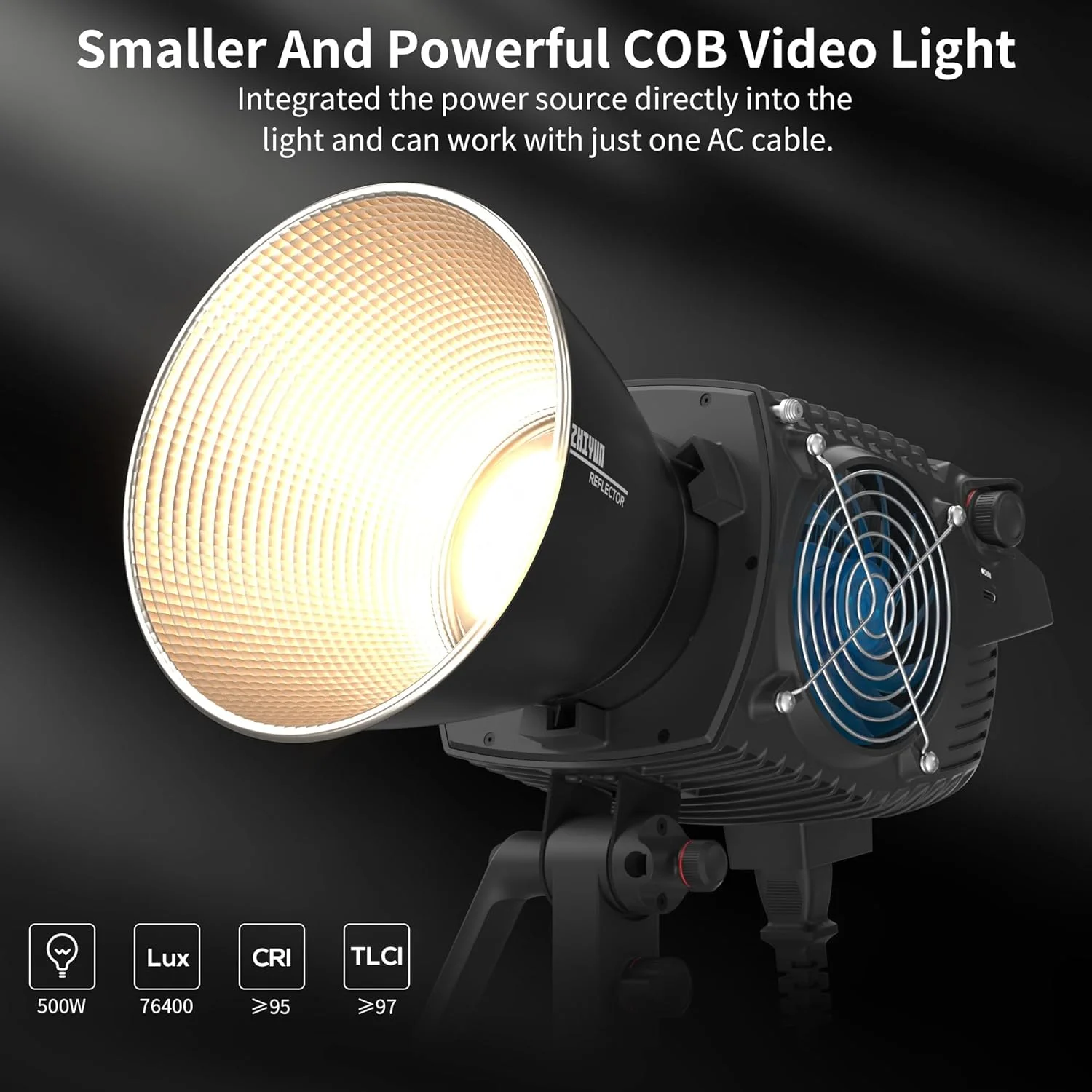 نور ویدئویی 500 وات ZHIYUN Molus B500 [رسمی]، نور ویدئویی LED COB با مانت Bowens، نور استودیویی دو رنگ، 76400LUX/1M/2700K-6500K/ CRI ≥95/ TLCI ≥97/ کنترل برنامه، 13 جلوه روشنایی