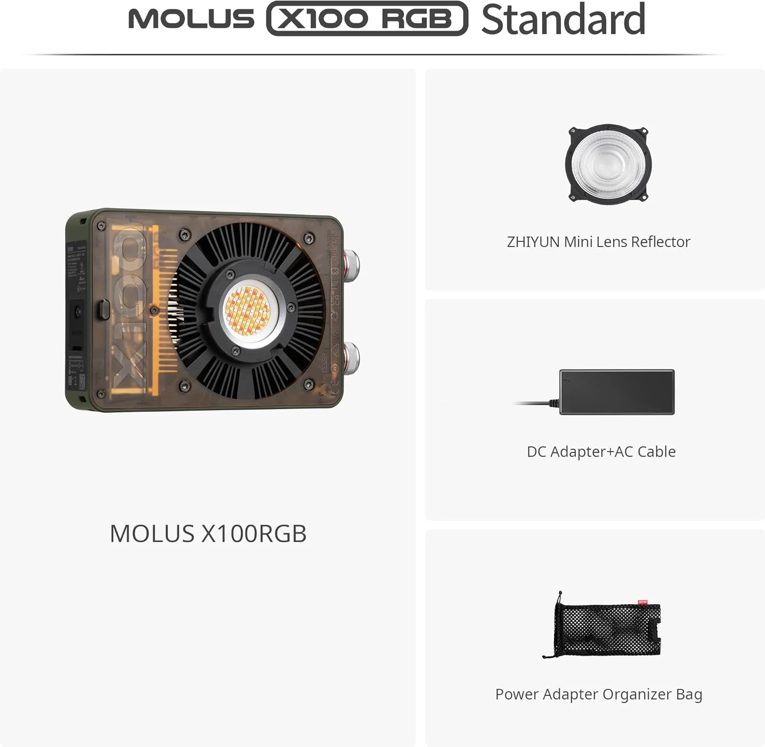 نور ویدئویی ۱۰۰ وات ZHIYUN MOLUS X100 RGB استاندارد [رسمی] نسخه ارتقا یافته V2، نور حرفه ای عکاسی، نورپردازی خروجی مداوم قابل حمل ۲۵۰۰K~۱۰۰۰۰K CRI≥۹۵ TLCI≥۹۷ فقط ۳۸۴ گرم برای یوتیوبر