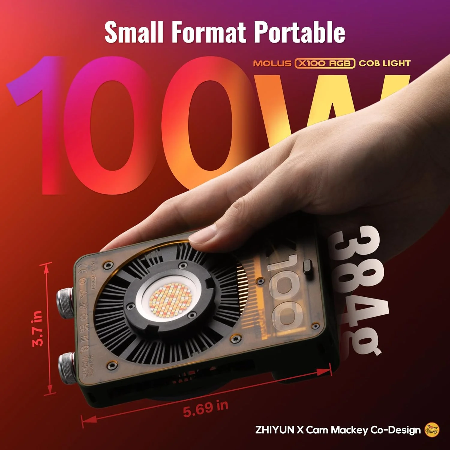 نور ویدئویی ۱۰۰ وات ZHIYUN MOLUS X100 RGB استاندارد [رسمی] نسخه ارتقا یافته V2، نور حرفه ای عکاسی، نورپردازی خروجی مداوم قابل حمل ۲۵۰۰K~۱۰۰۰۰K CRI≥۹۵ TLCI≥۹۷ فقط ۳۸۴ گرم برای یوتیوبر