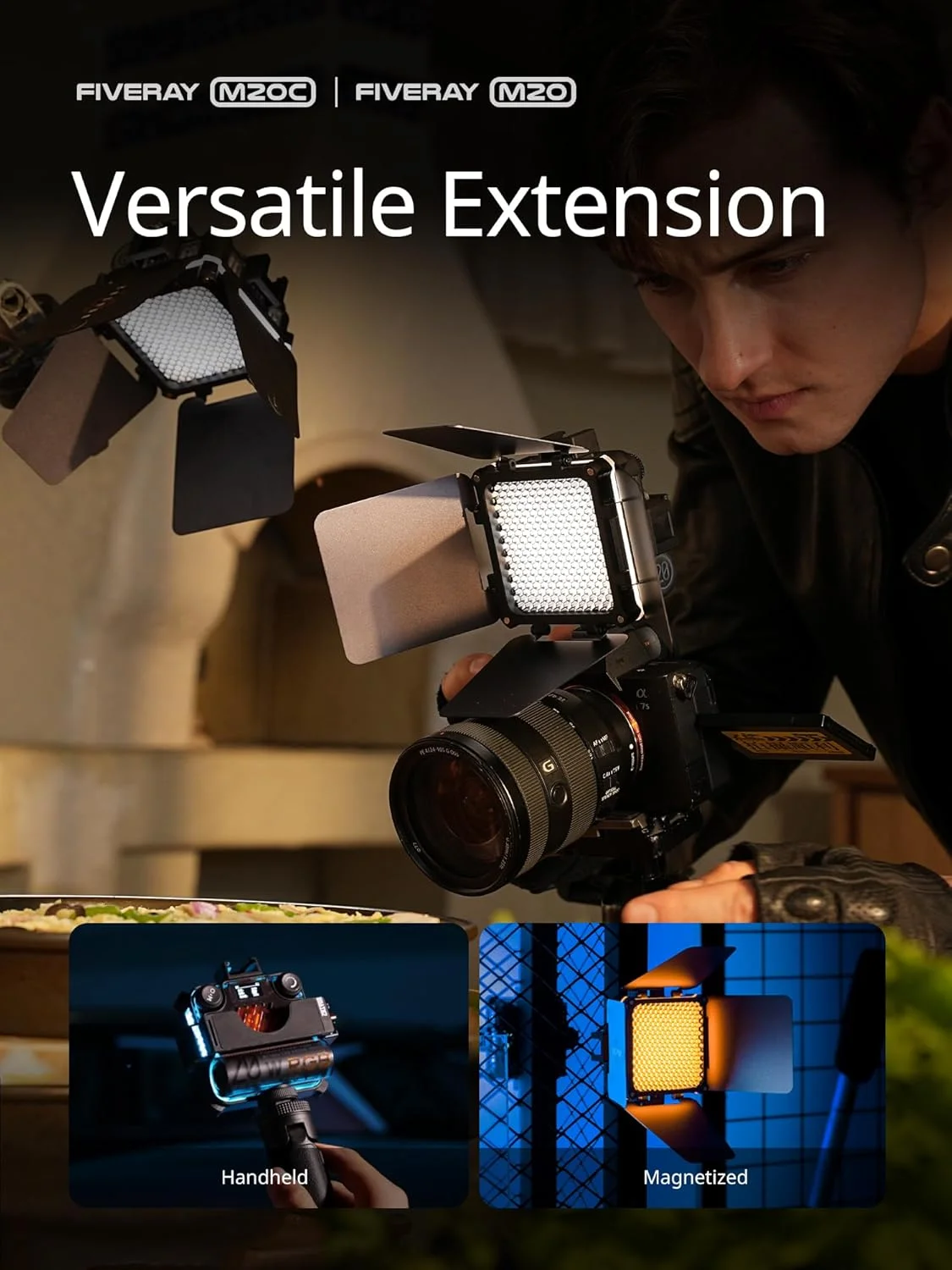 نور ویدئویی RGB مدل ZHIYUN FIVERAY M20C Combo [اورجینال]، نور قابل حمل 20 واتی دوربین، حالت HSI، TLCI 96+، دمای 2500K-10000K با 16 جلوه نوری، پشتیبانی از اتصال مغناطیسی و برنامه با USB-C PD