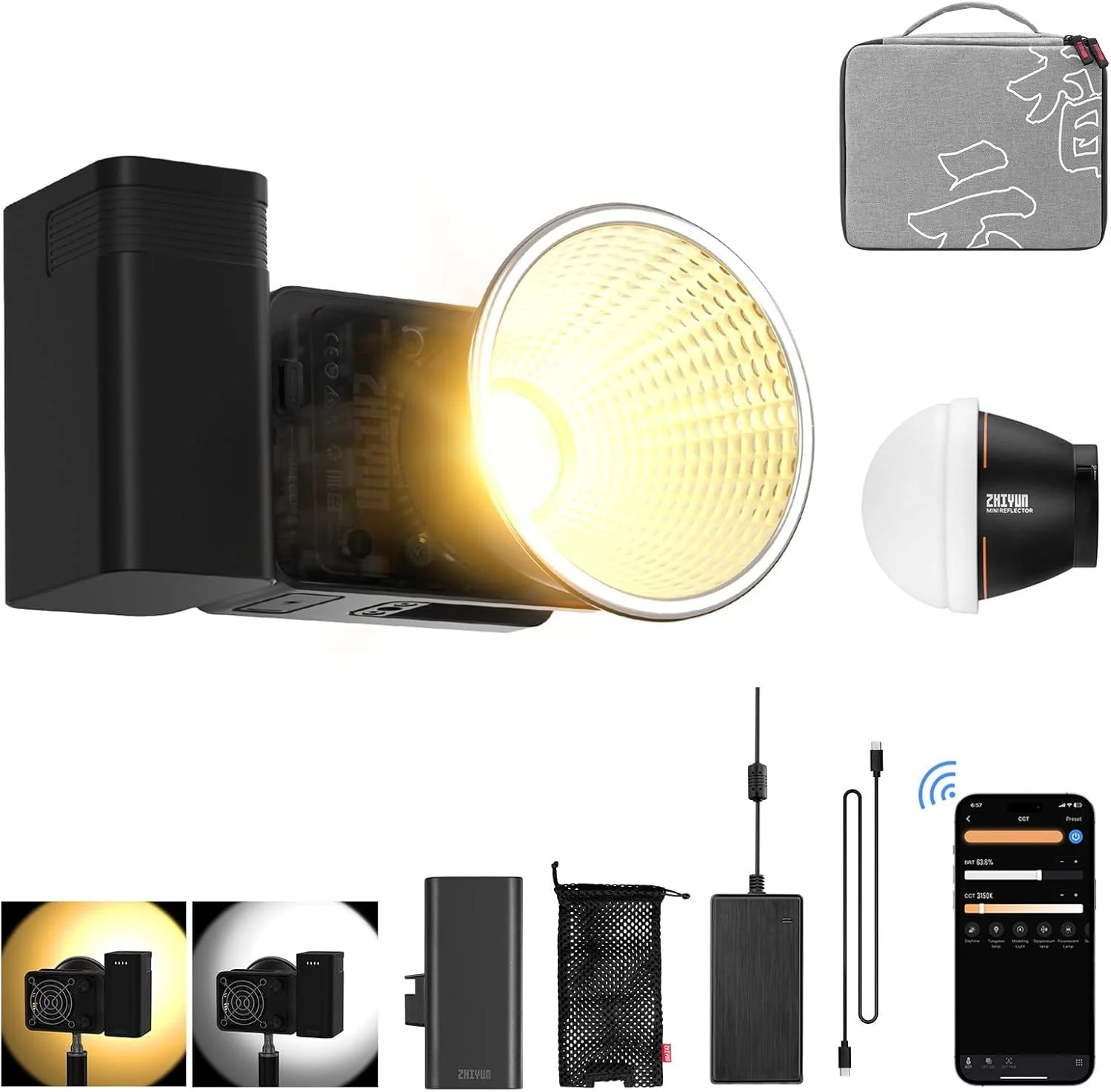 نور ویدئویی دو رنگ Zhiyun Molus X60 Combo 60W COB با خروجی مداوم 2700K~6500K و کنترل اپلیکیشن به همراه گریپ باتری برای عکاسی استودیویی، ویدئویی و پرتره