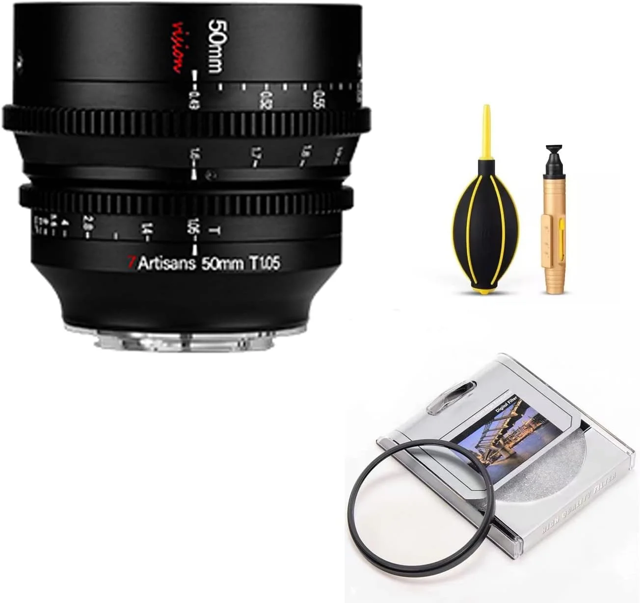 لنز سینمایی 7artisans 50mm T1.05 با زاویه دید عریض و دیافراگم باز، سازگار با دوربین های بدون آینه Sony E Mount، فوکوس دستی، اعوجاج کم، لنز مینی سینمایی مشکی.