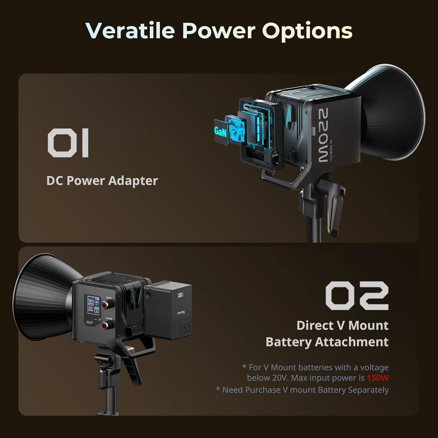 نور ویدئویی COB مدل SMALLRIG RC 220B Pro 220W، دو رنگ 2700K-6500K، CRI 95+، نور مانت، پشتیبانی از 3 روش منبع تغذیه، کنترل برنامه برای عکاسی