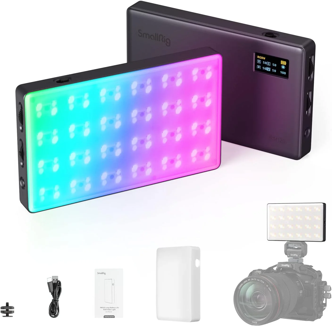 نور ویدئویی RGB مدل SmallRig RM120، پنل نور دوربین، نور قابل حمل عکاسی با باتری 5000 میلی آمپر ساعتی، 12 جلوه نوری، 2500-8500K قابل تنظیم، برای عکاسی، ولاگ، کنفرانس ویدیویی - 3808