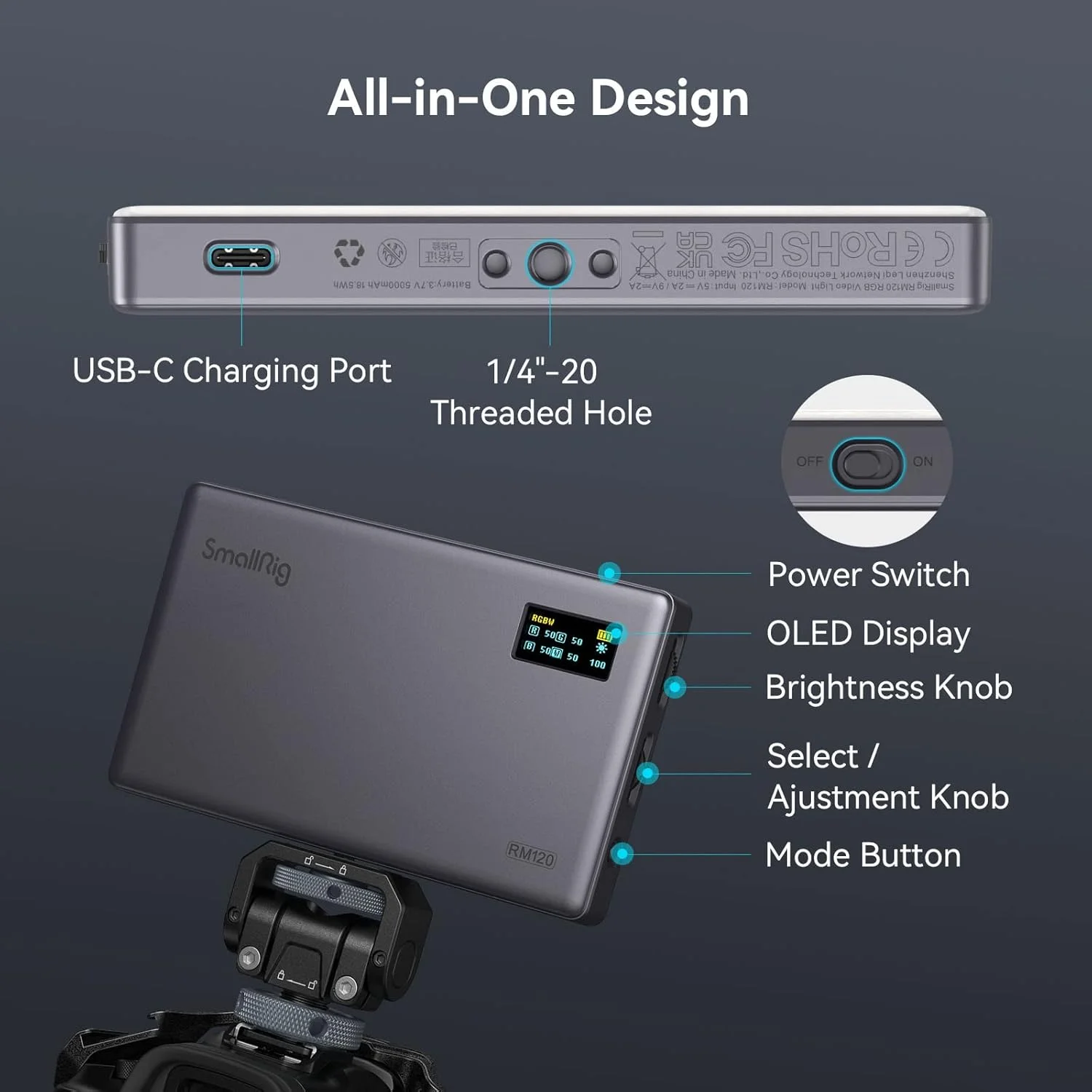 نور ویدئویی RGB مدل SmallRig RM120، پنل نور دوربین، نور قابل حمل عکاسی با باتری 5000 میلی آمپر ساعتی، 12 جلوه نوری، 2500-8500K قابل تنظیم، برای عکاسی، ولاگ، کنفرانس ویدیویی - 3808