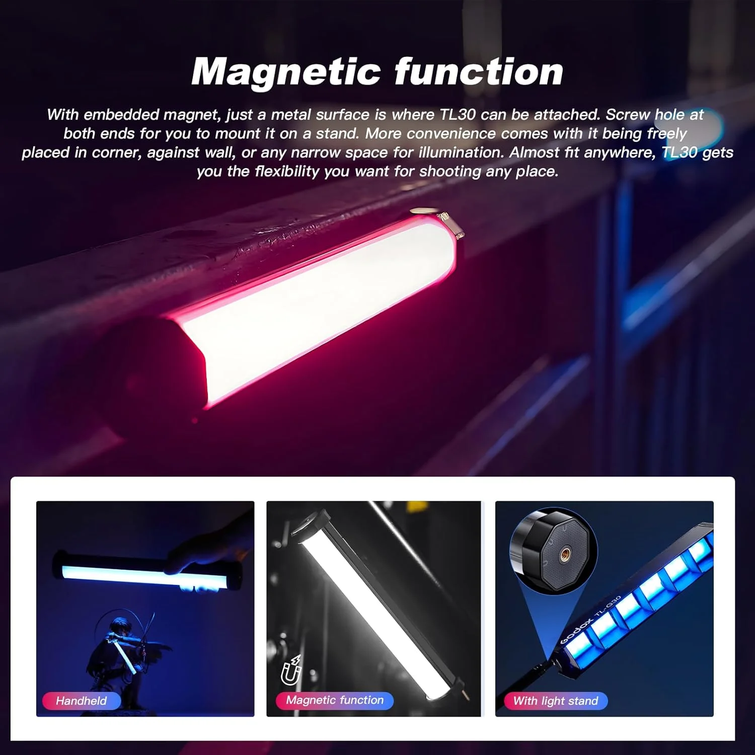 چراغ استوانه ای RGB گودکس TL30، چراغ استوانه ای مغناطیسی RGB، چراغ LED مخصوص ویدیو