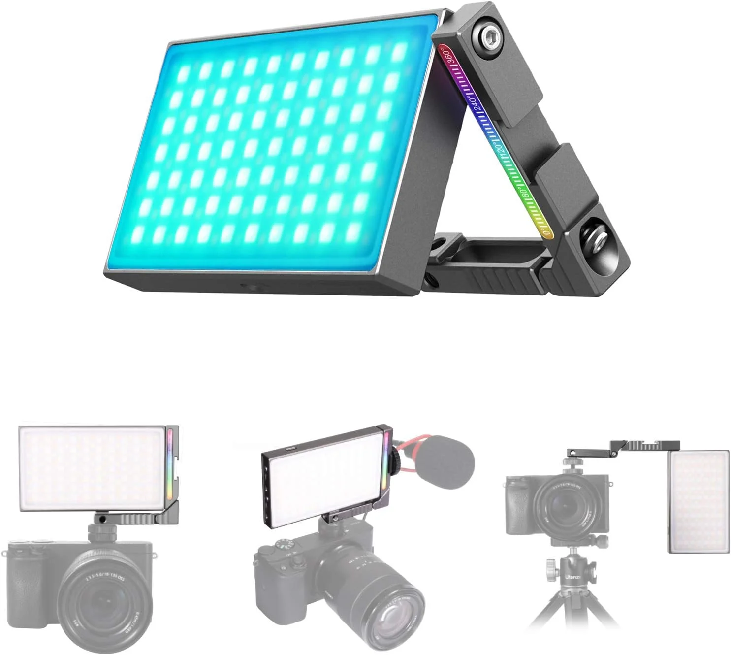 چراغ LED ویدئویی 360 درجه تمام رنگی 8 وات 2700-8500K با قابلیت تنظیم نور CRI95+ با 20 جلوه نوری و باتری داخلی 5000 میلی آمپر ساعتی