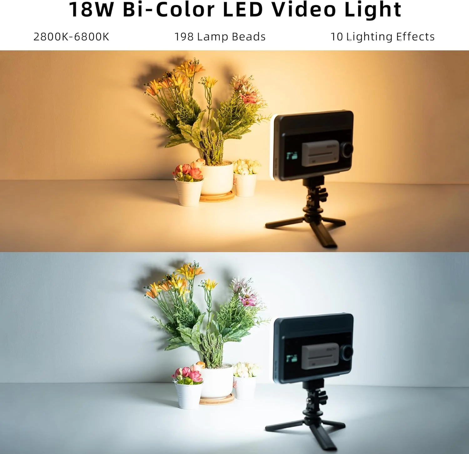 نور ویدئویی LED ویلتراکس 18 وات قابل نصب روی دوربین با کنترل از طریق اپلیکیشن، دمای رنگ 2800K-6800K، CRI95+، دارای 198 لامپ LED، کفشک سرد، قابل حمل، مناسب برای عکاسی، نورپردازی عکس و فیلم، به همراه باتری قابل شارژ NP-F550