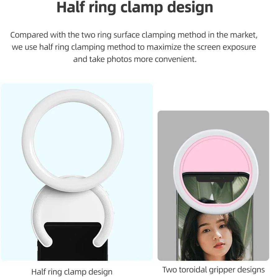 چراغ حلقه ای موبایل 2 وات دو رنگ گیره ای سلفی دمای رنگ 3000K-7000K با قابلیت تنظیم نور 5 سطح روشنایی چرخش 180 درجه سازگار با موبایل اندروید