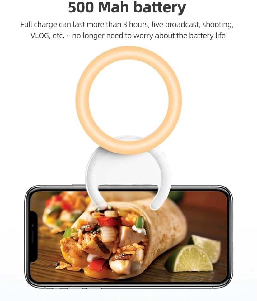 چراغ حلقه ای موبایل 2 وات دو رنگ گیره ای سلفی دمای رنگ 3000K-7000K با قابلیت تنظیم نور 5 سطح روشنایی چرخش 180 درجه سازگار با موبایل اندروید