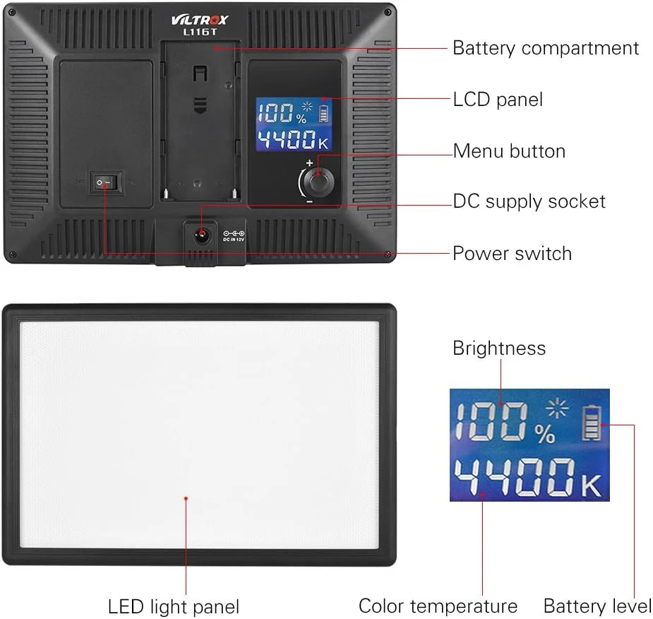 نور ویدئویی ال ای دی ویلتراکس L116T با دمای رنگی قابل تنظیم 3300K-5600K و CRI 95+ برای دوربین های DSLR کانن نیکون و نورپردازی فیلمبرداری (بدون باتری)