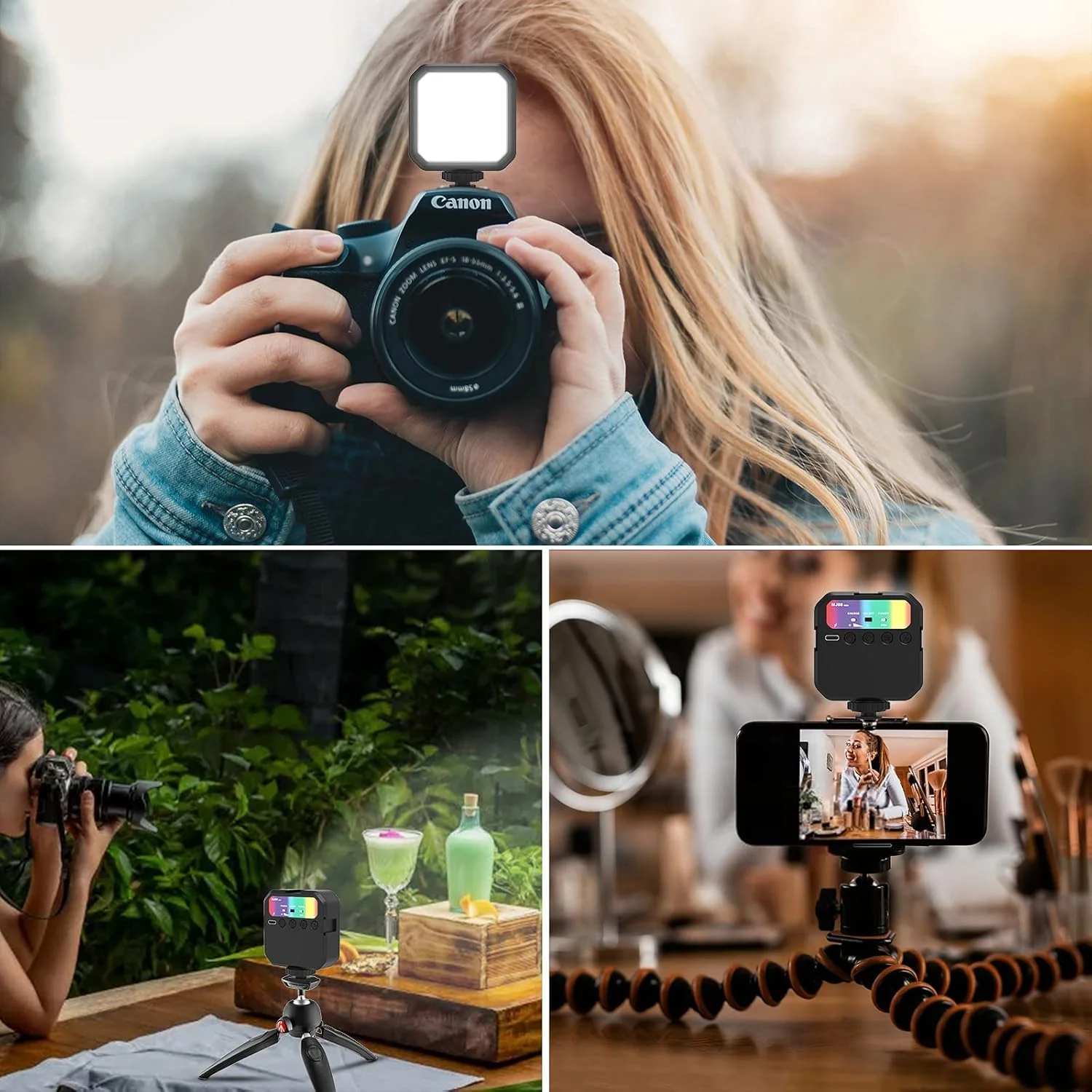 نور ویدئویی ال ای دی RGB با کنترل از راه دور، نور دوربین تمام رنگی 360 درجه با 3 کفشک سرد، نور عکاسی قابل شارژ 2000 میلی آمپر ساعتی 3000k-7000K پنل قابل تنظیم برای یوتیوب/تیک تاک/ولاگ/عکاسی