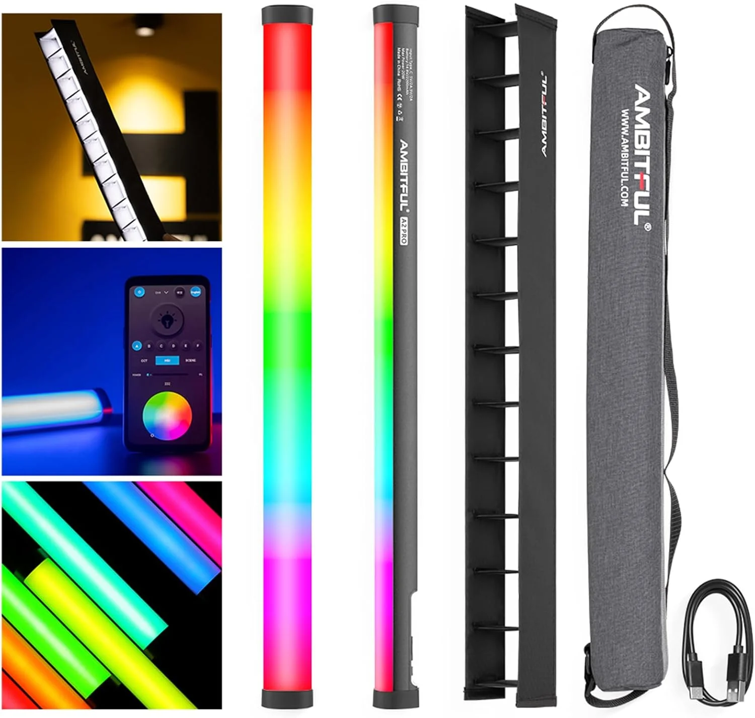 نور تیوب RGB مدل A2 PRO با کنترل از طریق اپلیکیشن، نور ویدئویی LED با CRI95+ برای عکاسی، 36000 رنگ و 26 جلوه ویژه FX، قابل تنظیم از 2500K تا 8500K، میله نوری با باتری قابل شارژ - مناسب برای تولید محتوای استودیویی