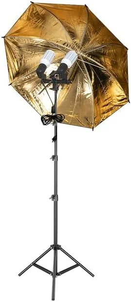 AECAM - نگهدارنده دو لامپ SH، سوکت E27 برای عکاسی، کابل 1.8 متری با چتر نرم، پایه 2 متری برای نورپردازی (چتر طلایی)