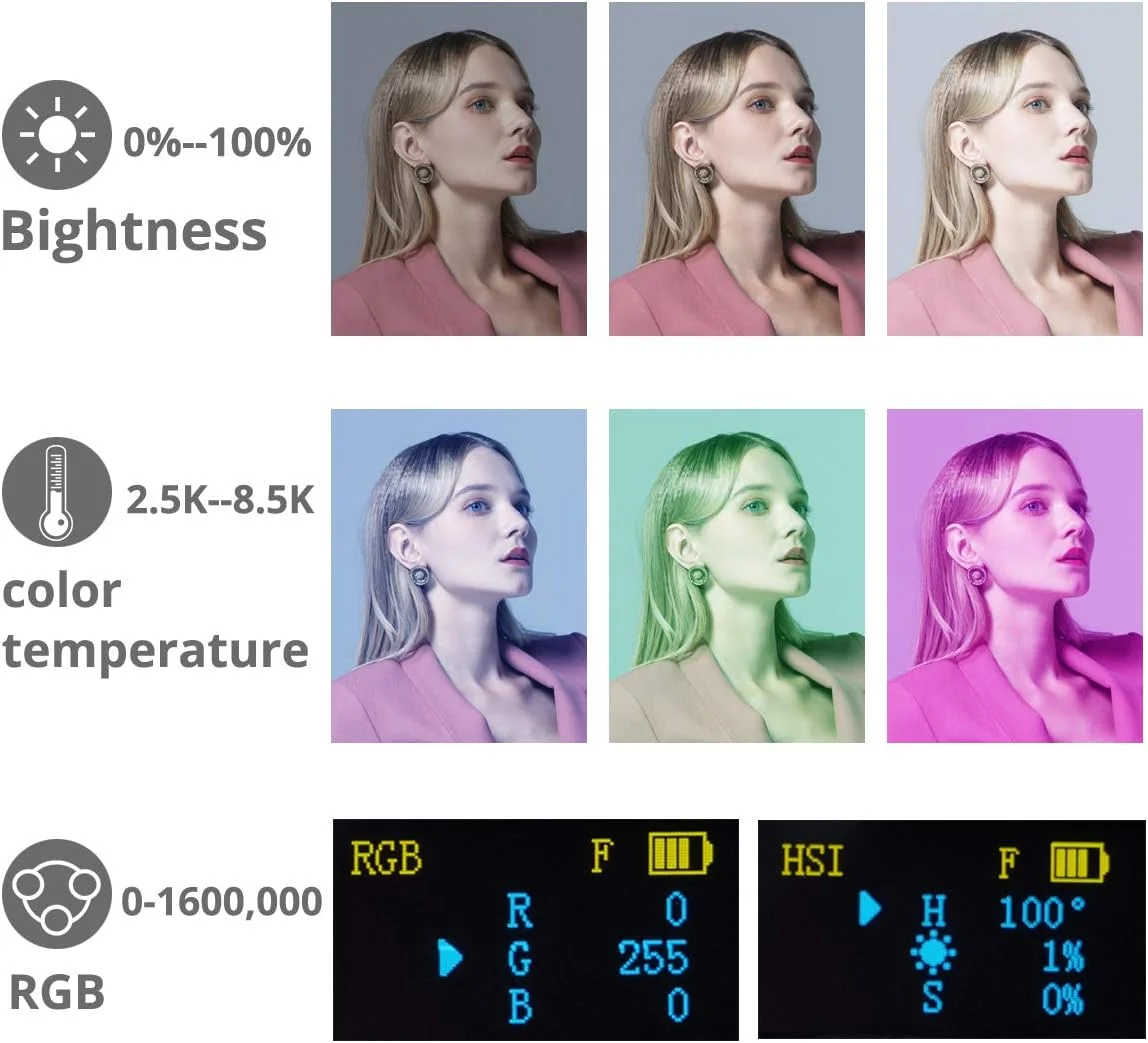 نور ویدئویی RGB - نور LED قابل شارژ 12 واتی دوربین، تمام رنگی با 12 جلوه نوری رایج، CRI97، پنل نور ویدئویی 2500-8500K (سفید)