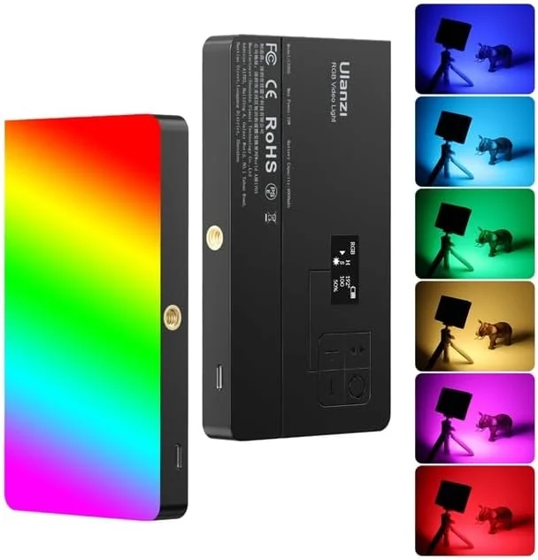 نور ویدئویی LED مدل ULANZIs VL120 RGB با قابلیت تنظیم دمای رنگ 2500K-9000K و باتری قابل شارژ 3100mAh، مناسب برای استودیو، ولاگ و نورپردازی